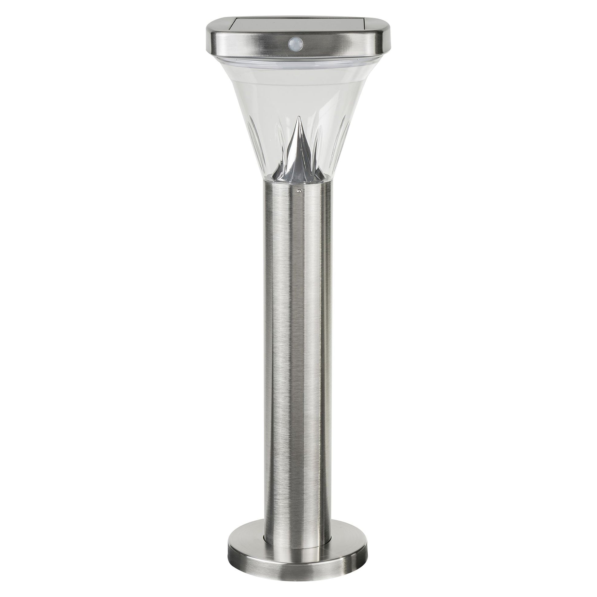A stainless steel bollard light with a built-in solar panel on top and a tapered lens, mounted on a spike for outdoor placement.