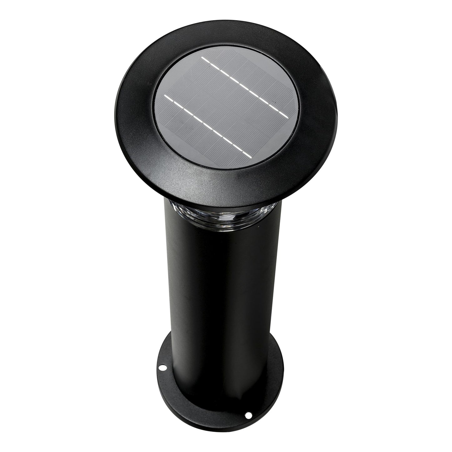 Black commercial bollard light with LEDs and a solar panel, featuring a powder-coated finish