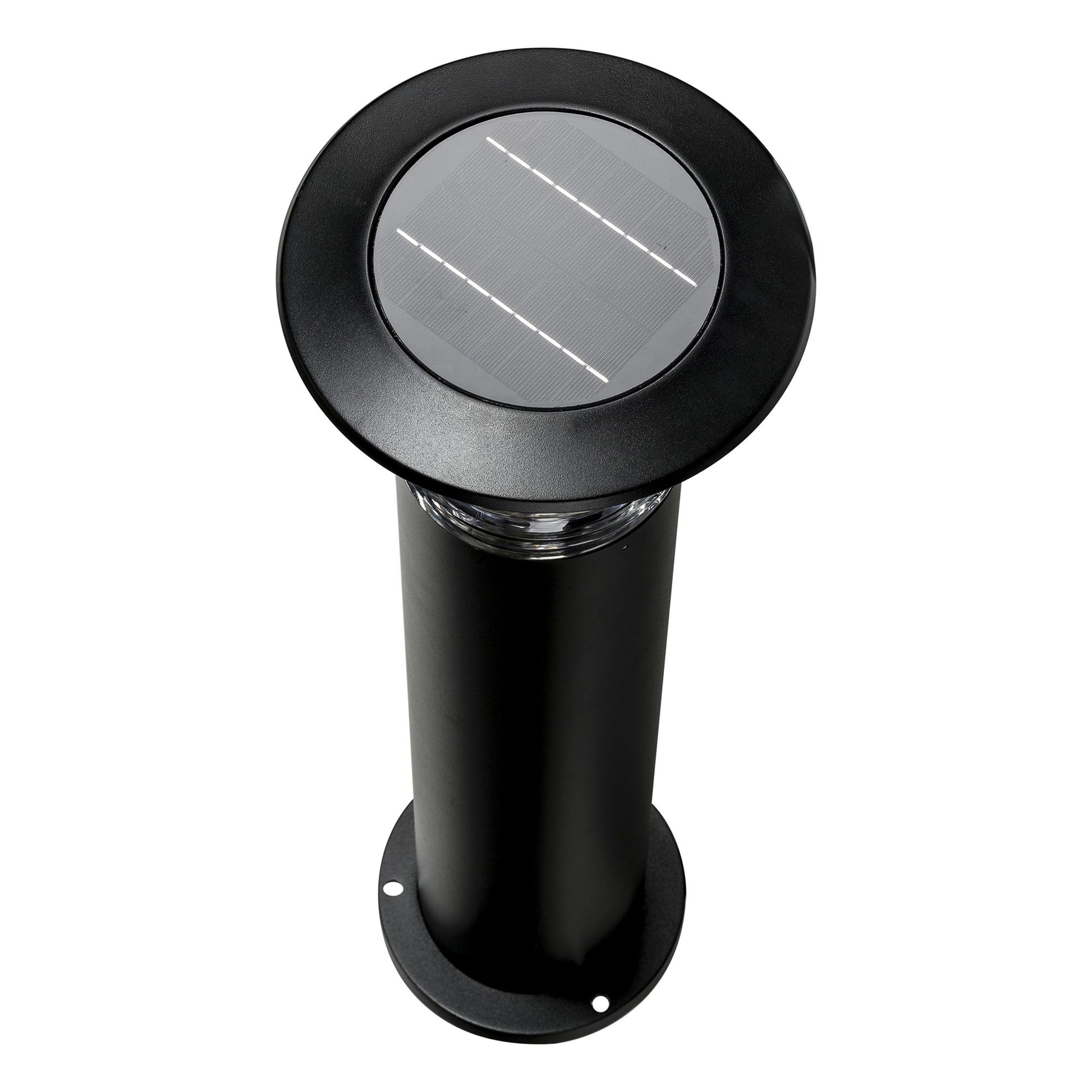 Black commercial bollard light with LEDs and a solar panel, featuring a powder-coated finish