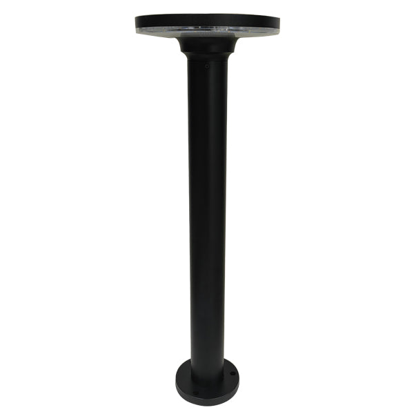 A black, vertical bollard to post light made of machined aluminium with a flat, circular top and base, designed for outdoor use.
