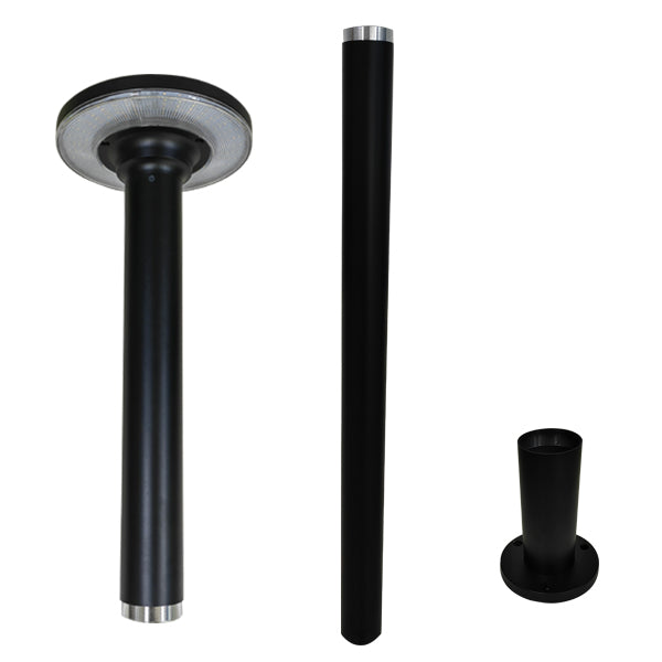 The parts to assemble a black, vertical bollard to post light made of machined aluminium with a flat, circular top and base, designed for outdoor use.