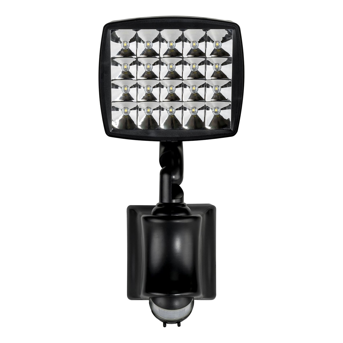 Solar LED flood light with PIR sensor and black UV stabilized ABS resin body.