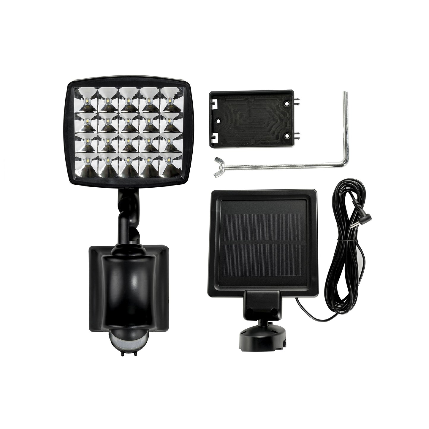 Solar LED flood light with PIR sensor, including a black UV stabilized ABS resin body, mounting bracket, LED panel, solar panel, and cables.