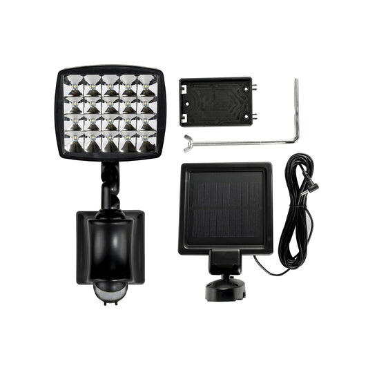 Solar LED flood light with PIR sensor, including a black UV stabilized ABS resin body, mounting bracket, LED panel, solar panel, and cables.