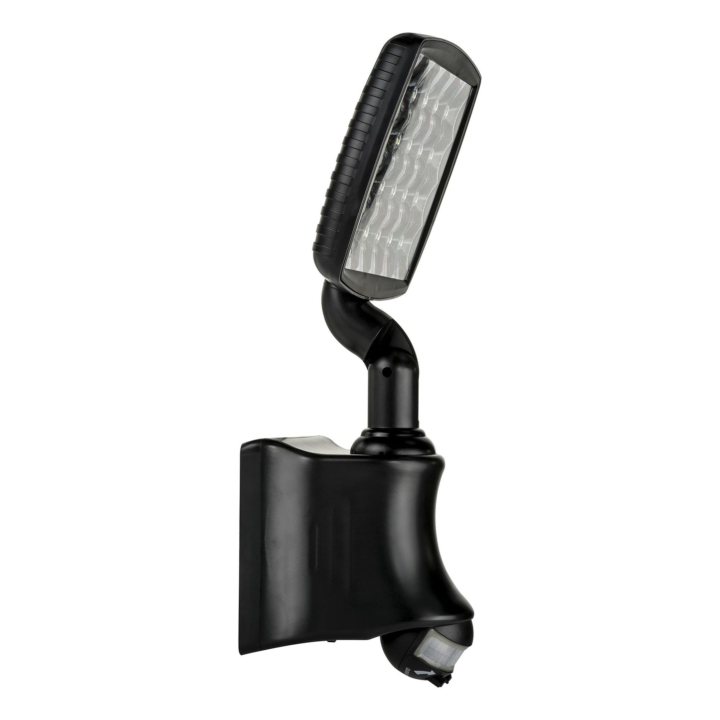 Solar LED flood light with PIR sensor and black UV stabilized ABS resin body.