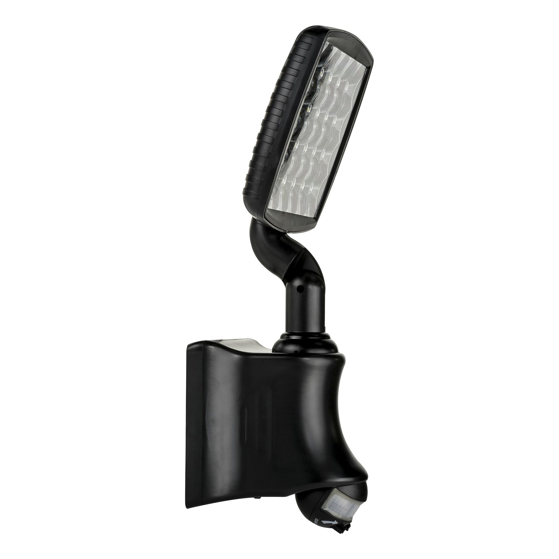 Solar LED flood light with PIR sensor and black UV stabilized ABS resin body.