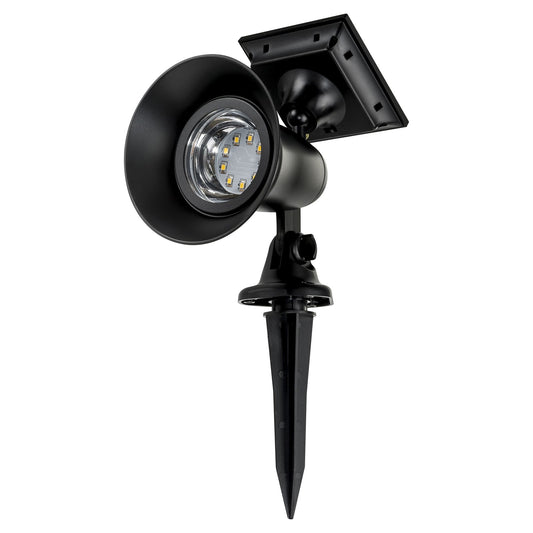 A black solar garden spot light with a mounted solar and ground spike, designed for outdoor use.