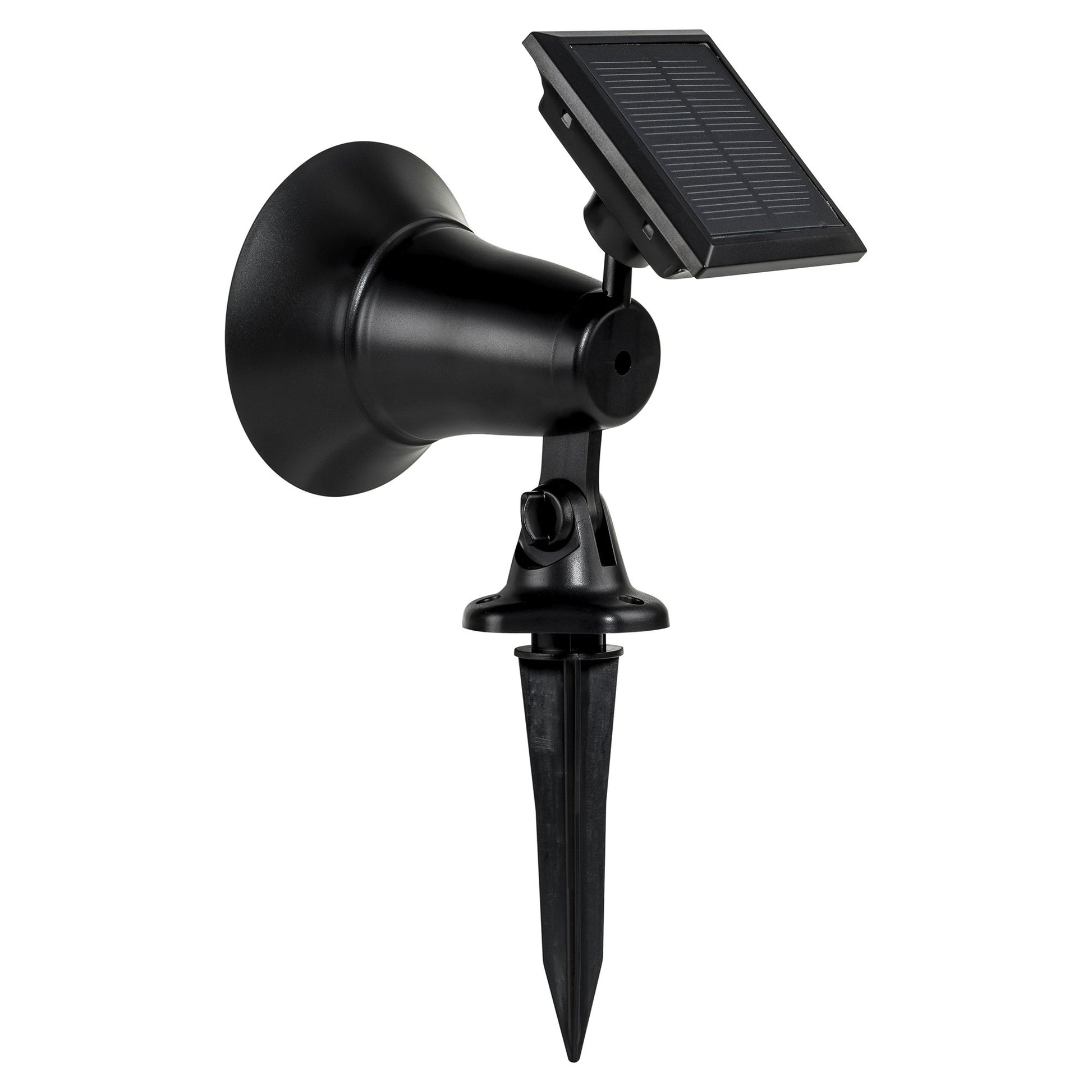 A black solar garden spot light with a mounted solar and ground spike, designed for outdoor use.