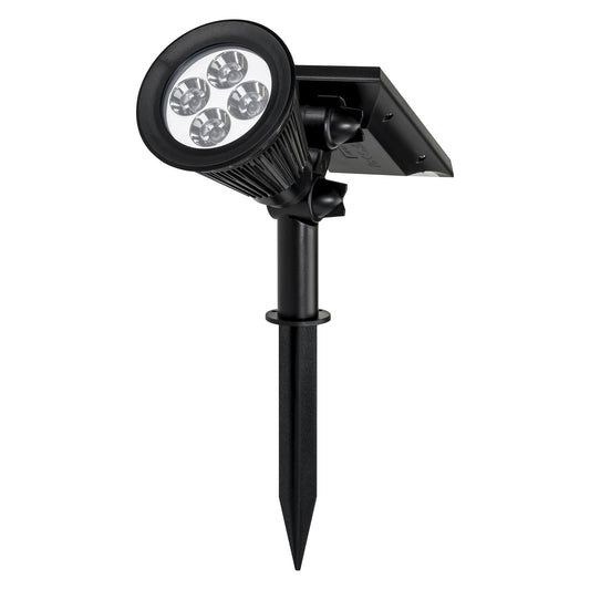 A black solar garden spot light with a mounted solar and ground spike, designed for outdoor use.