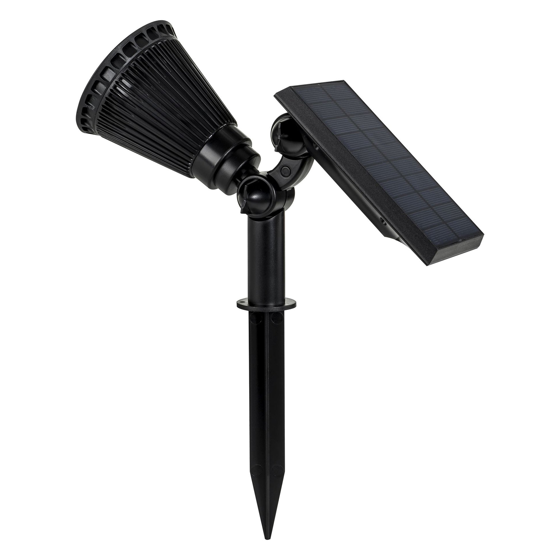 A black solar garden spot light with a mounted solar and ground spike, designed for outdoor use.