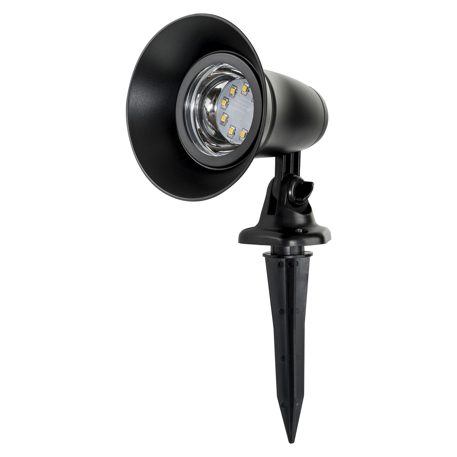 A black solar garden spot light with a ground spike, designed for outdoor use.