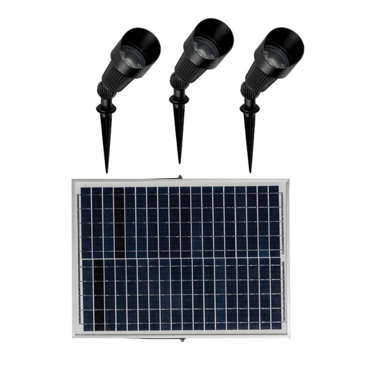 3-pack of high output black solar garden spot lights with a solar panel and ground spikes, designed for outdoor use.
