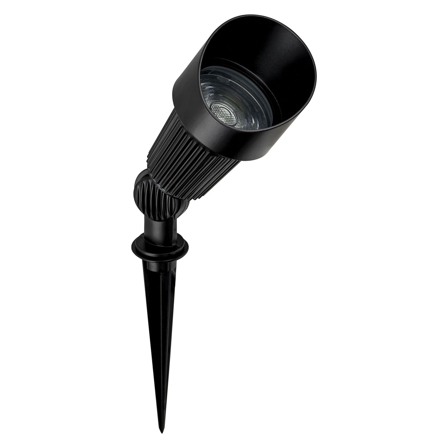 A black solar garden spot light with a ground spike, designed for outdoor use.