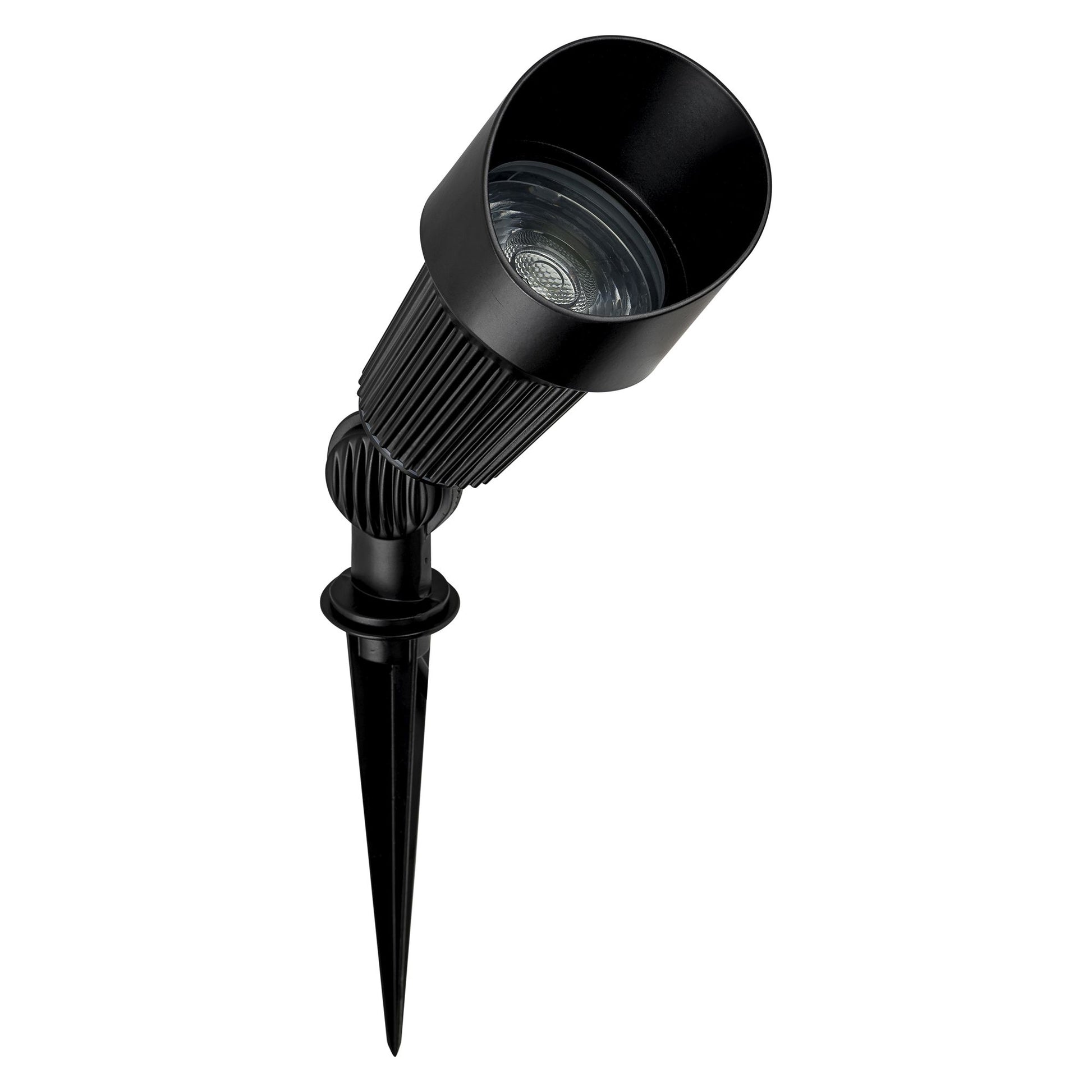 A black solar garden spot light with a ground spike, designed for outdoor use.
