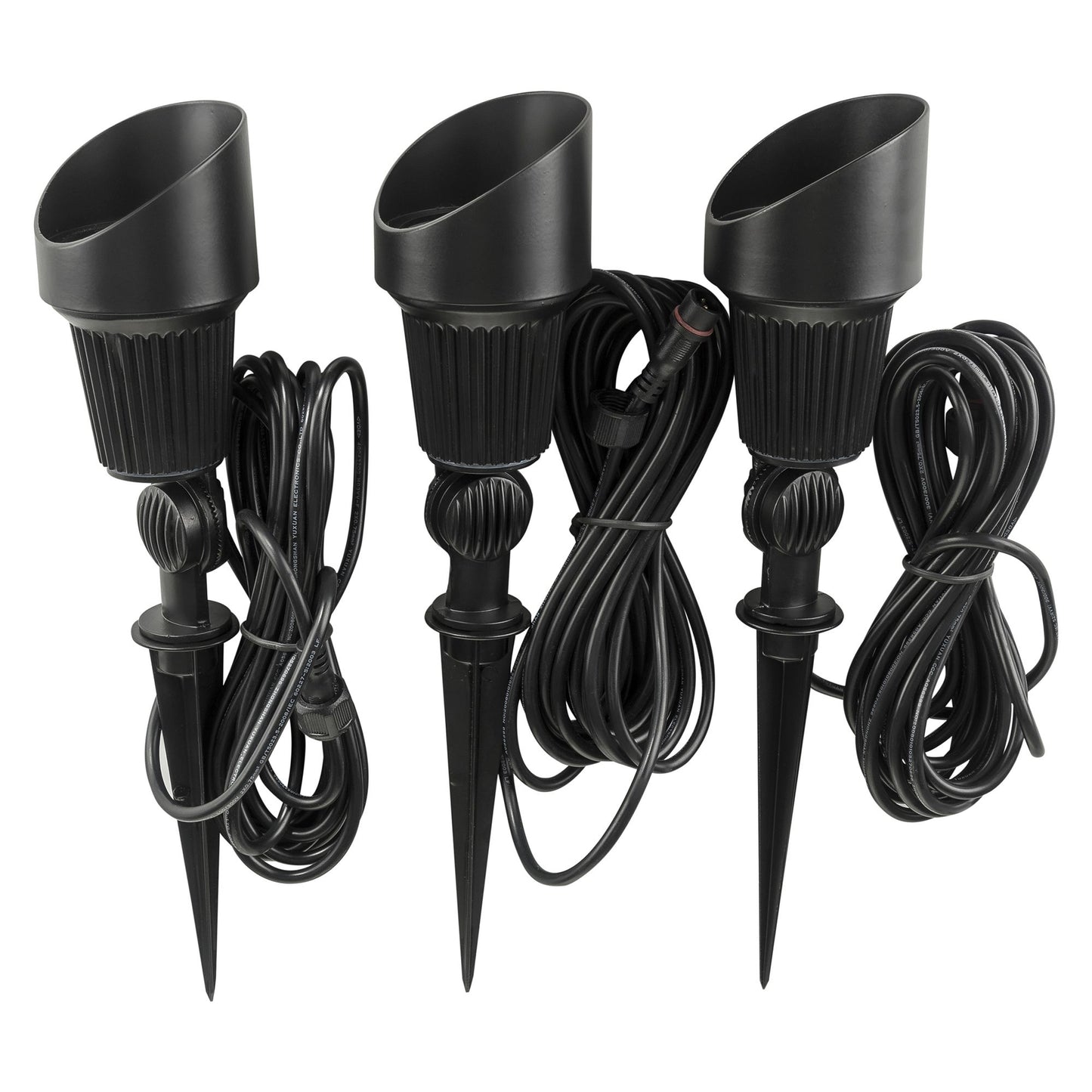 3-pack of high output black solar garden spot lights with ground spikes, designed for outdoor use.