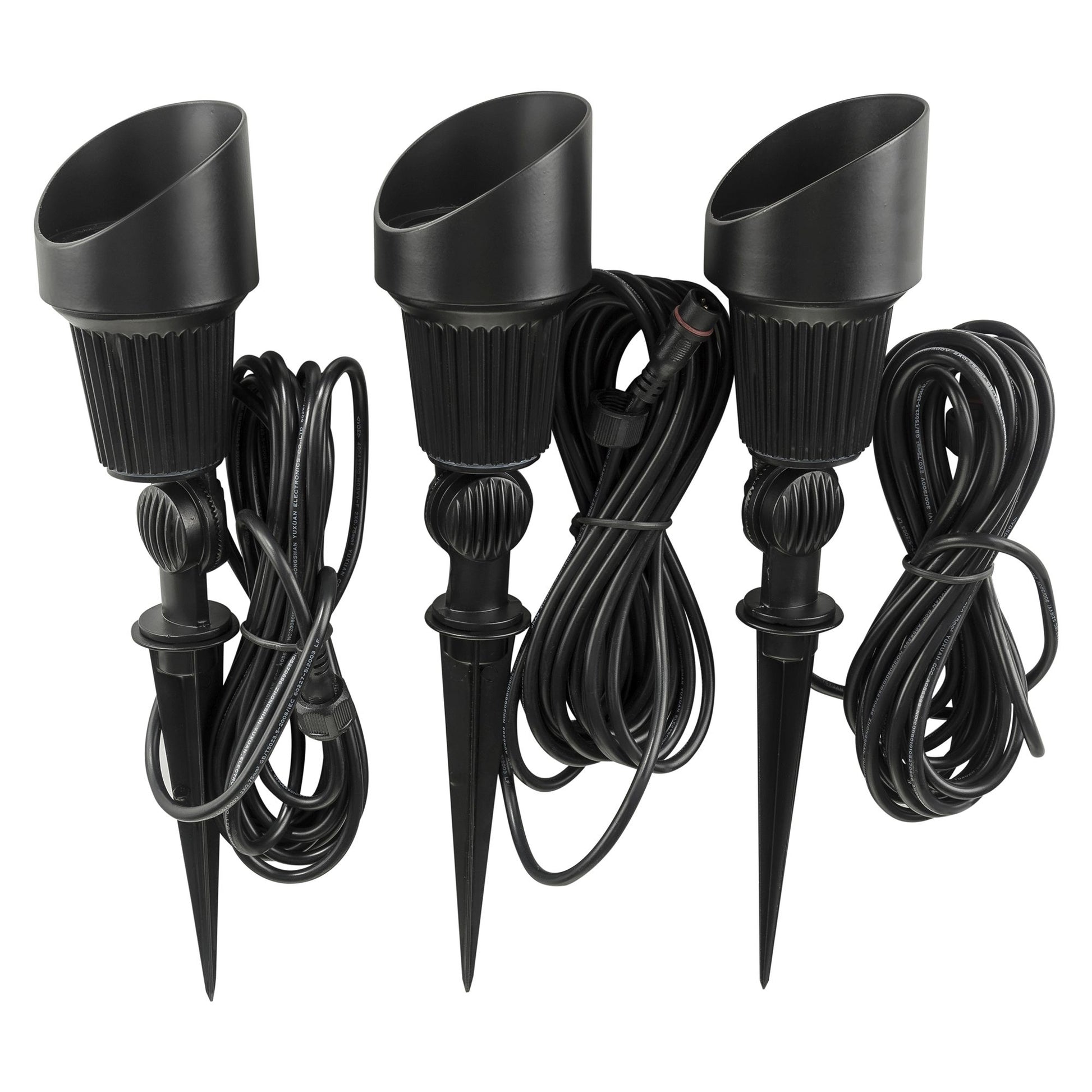 3-pack of high output black solar garden spot lights with ground spikes, designed for outdoor use.