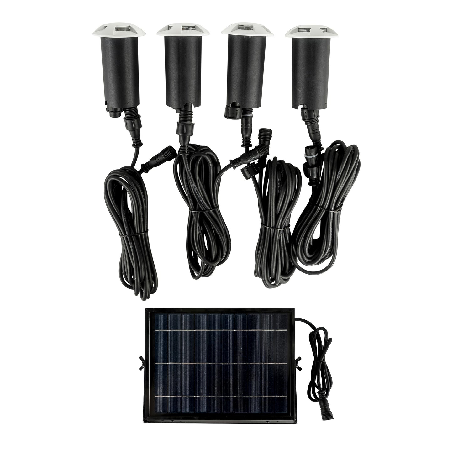 A set of solar in-ground lights with 4 LED lights, cables, and solar panel.