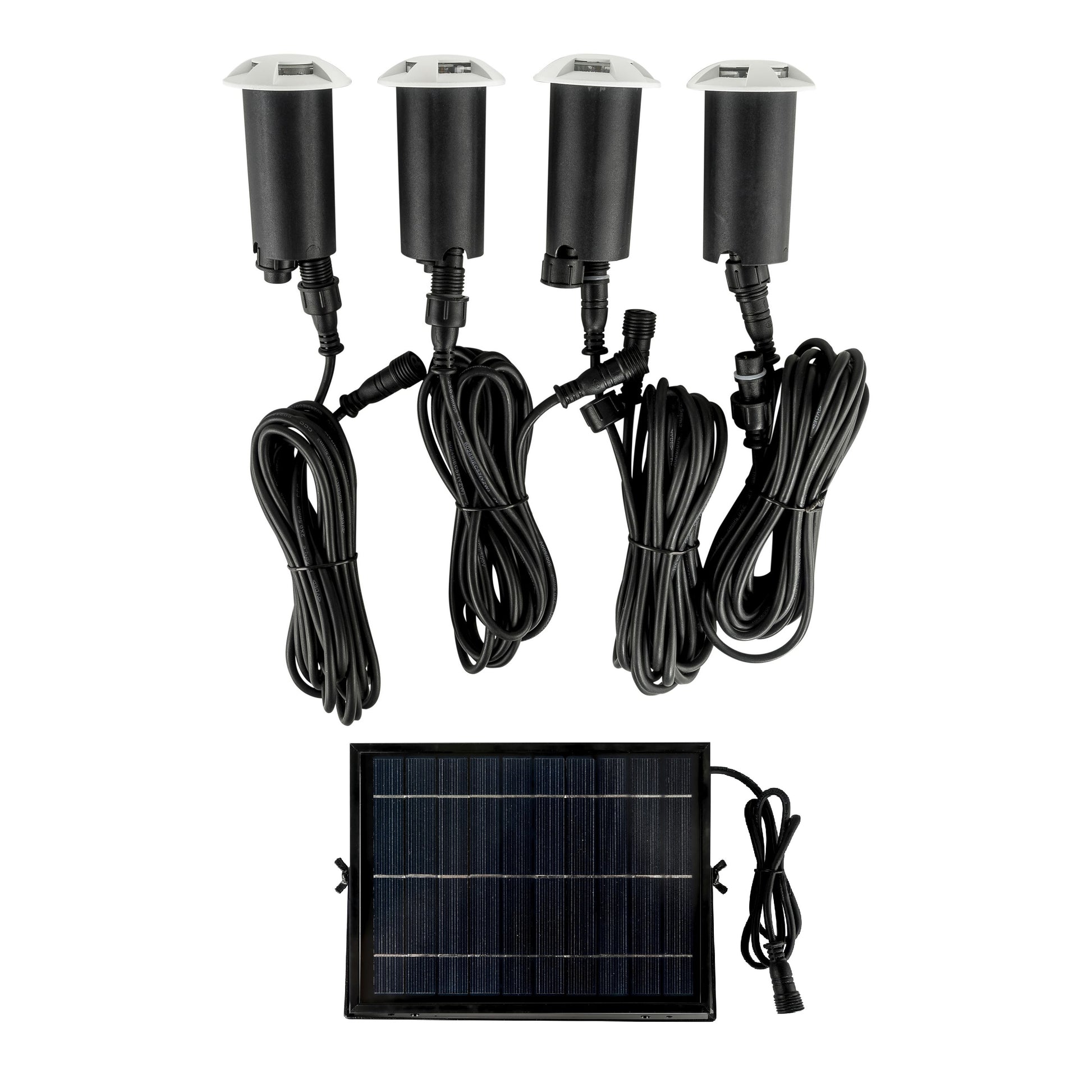 A set of solar in-ground lights with 4 LED lights, cables, and solar panel.