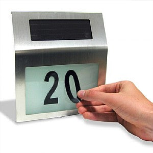 Stainless steel solar illuminated house number with numbers applied