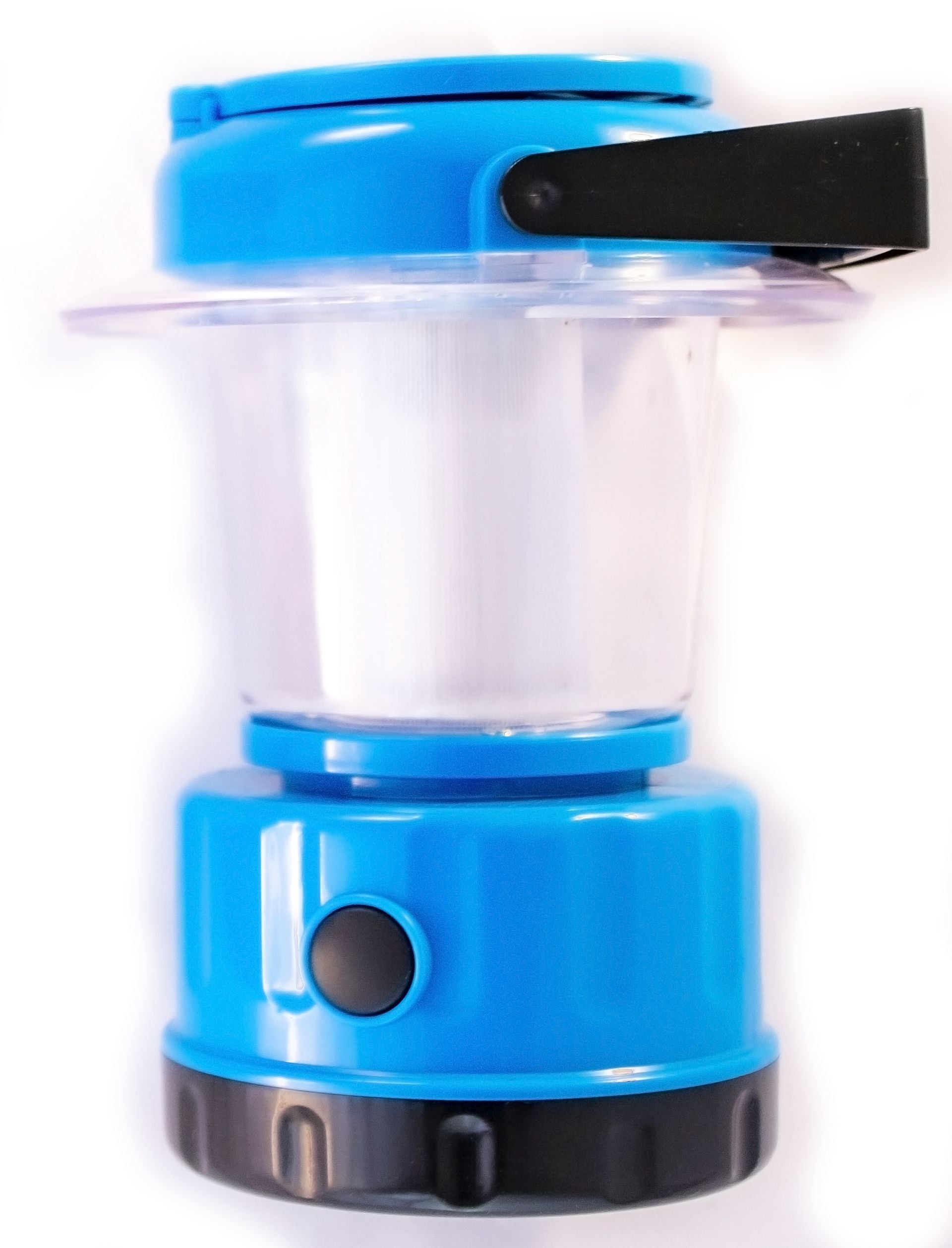 A solar portable LED lantern with a red base and a solar panel on top, featuring a UV stabilized PVC lens.