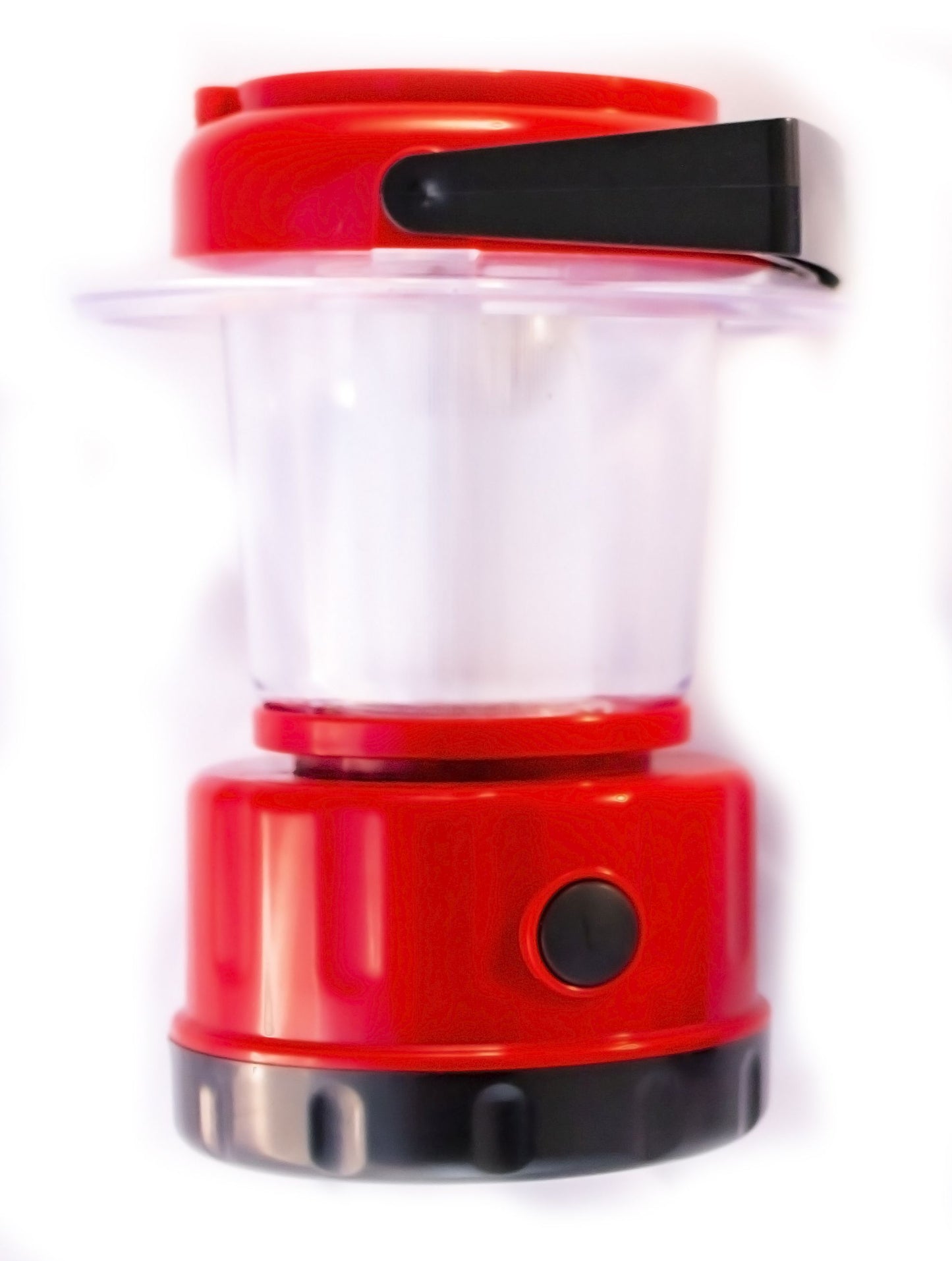 A solar portable LED lantern with a red base and a solar panel on top, featuring a UV stabilized PVC lens.