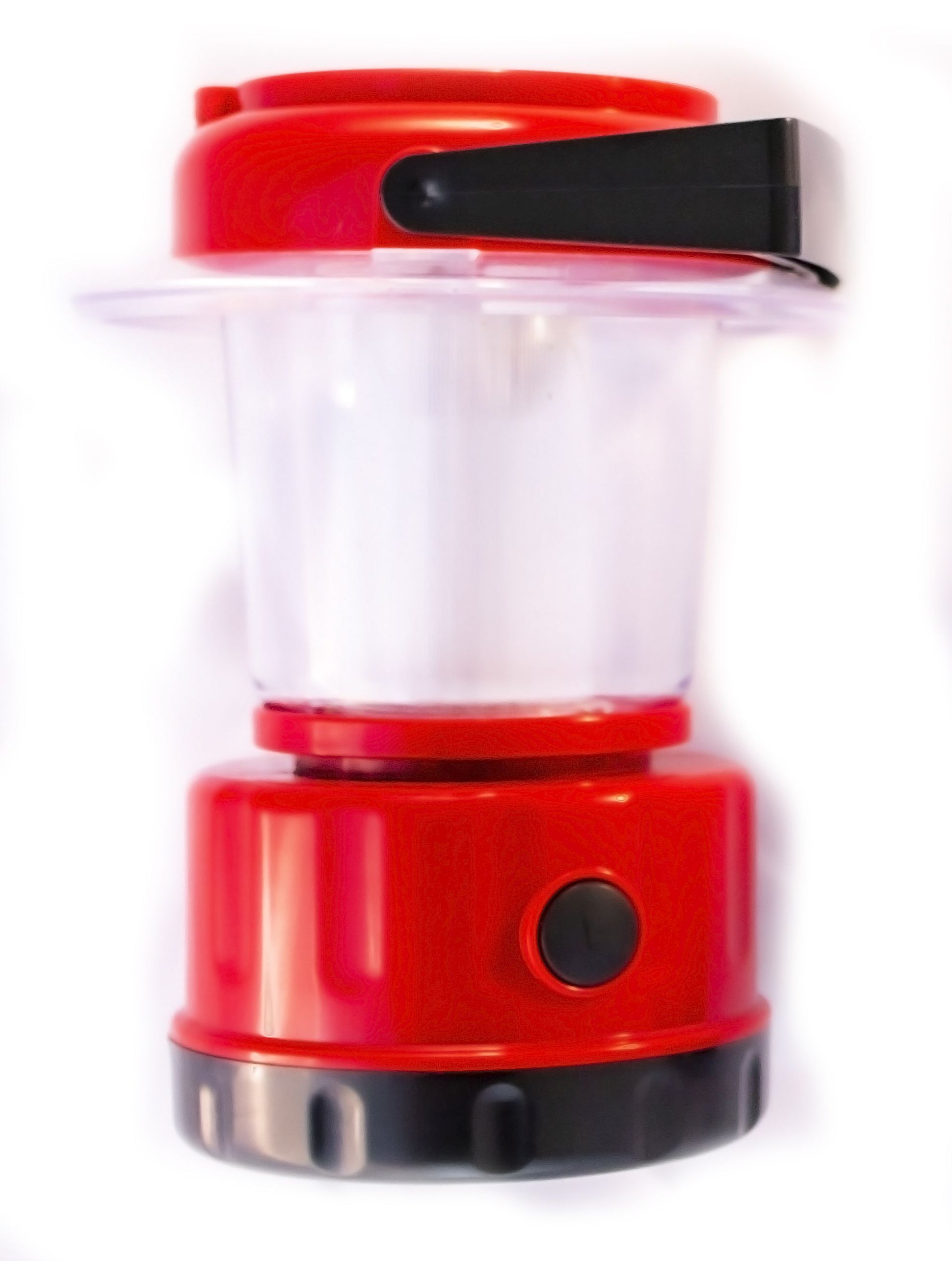 A solar portable LED lantern with a red base and a solar panel on top, featuring a UV stabilized PVC lens.