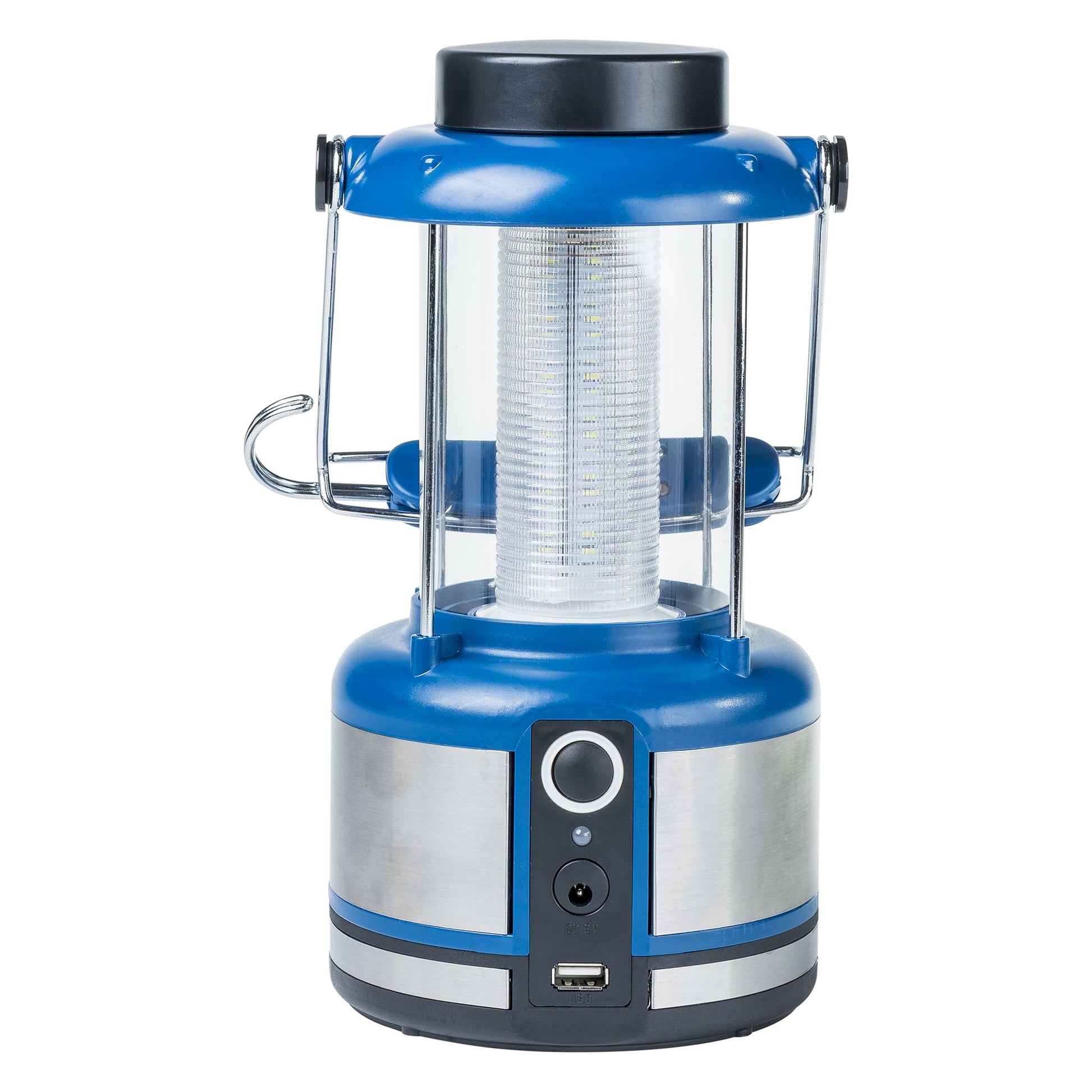 A solar portable LED lantern in blue and silver with hanging hook and USB port