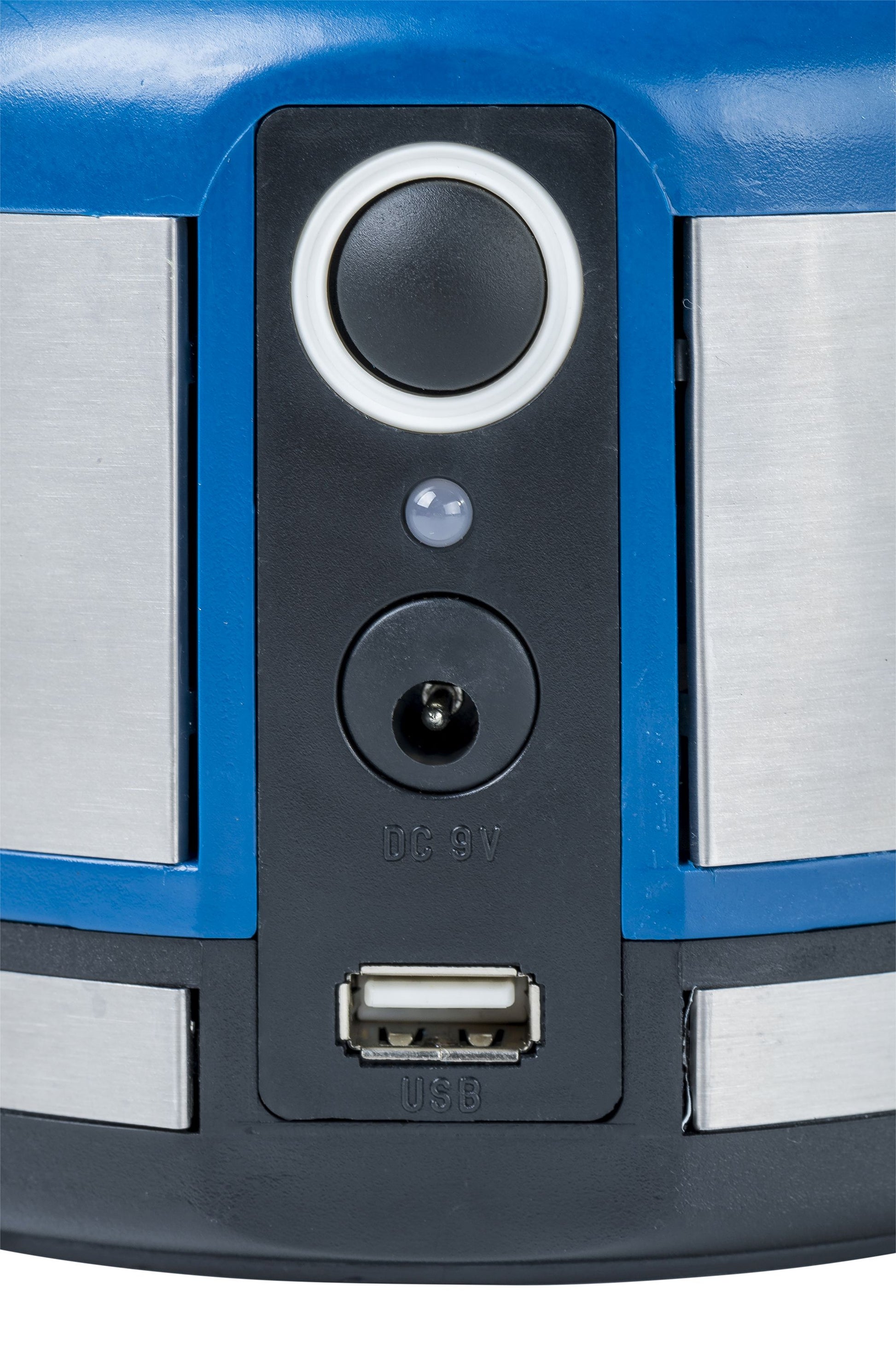 Activation button, USB port, and charging port for solar portable camping lantern