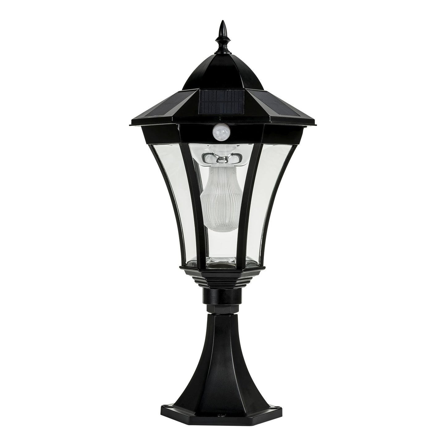 A traditional solar black pillar light made of die cast aluminium,with a built-in solar panel and a glass lampshade, designed for outdoor installation
