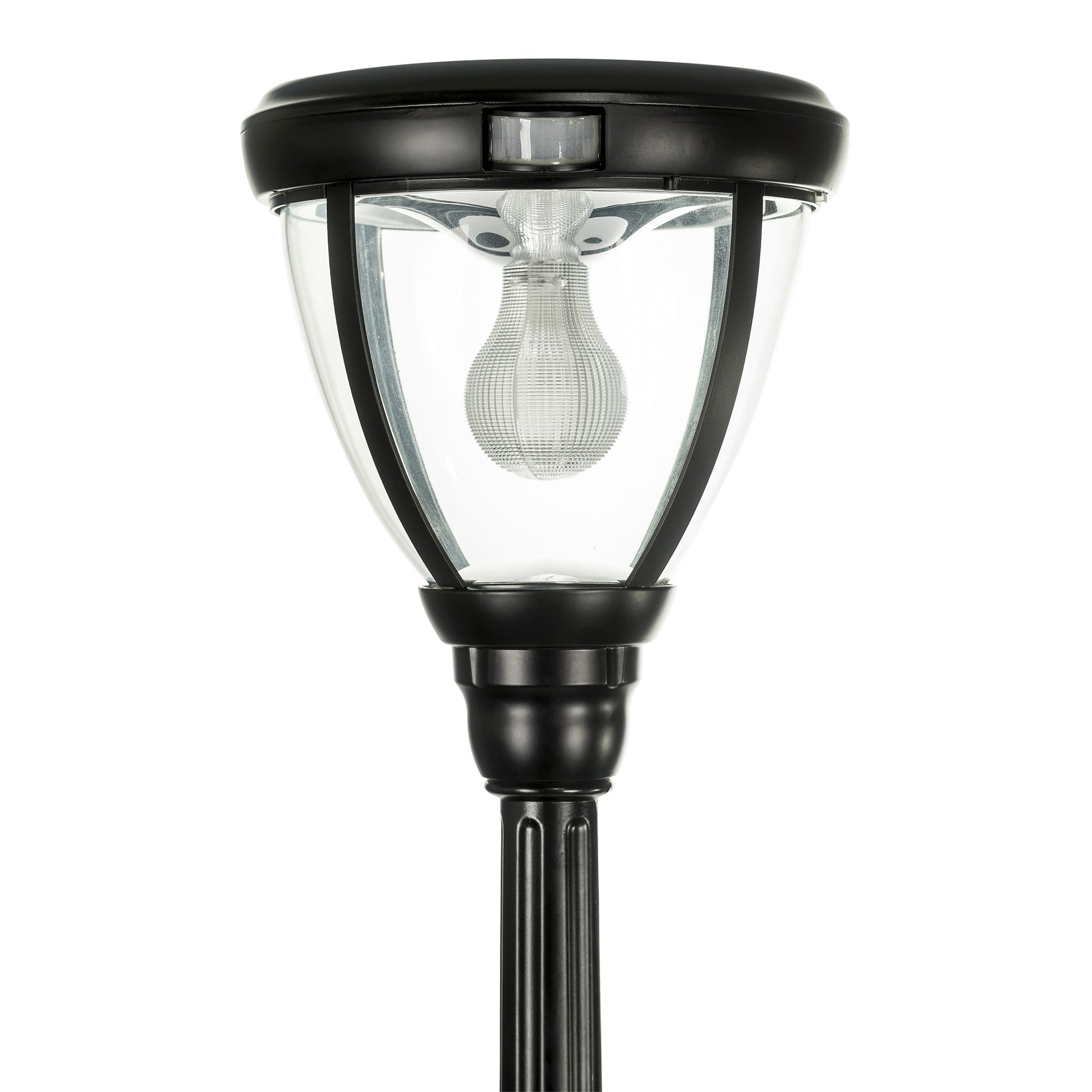 A traditional solar post light made of die cast aluminium powder coated black,with a built-in solar panel and a glass lampshade, designed for outdoor installation
