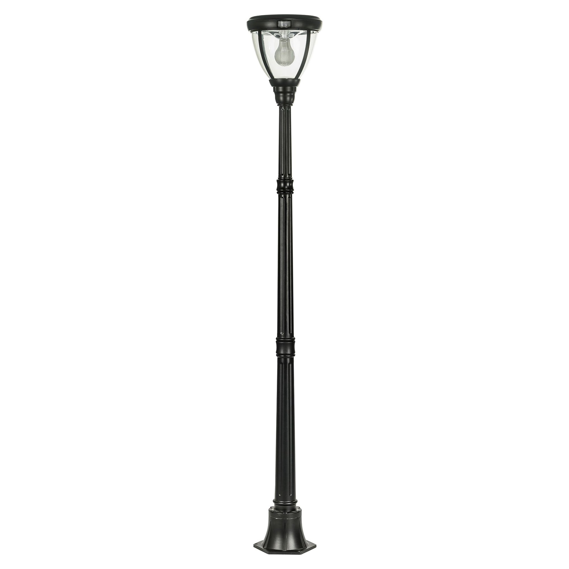A traditional solar post light made of die cast aluminium powder coated black,with a built-in solar panel and a glass lampshade, designed for outdoor installation