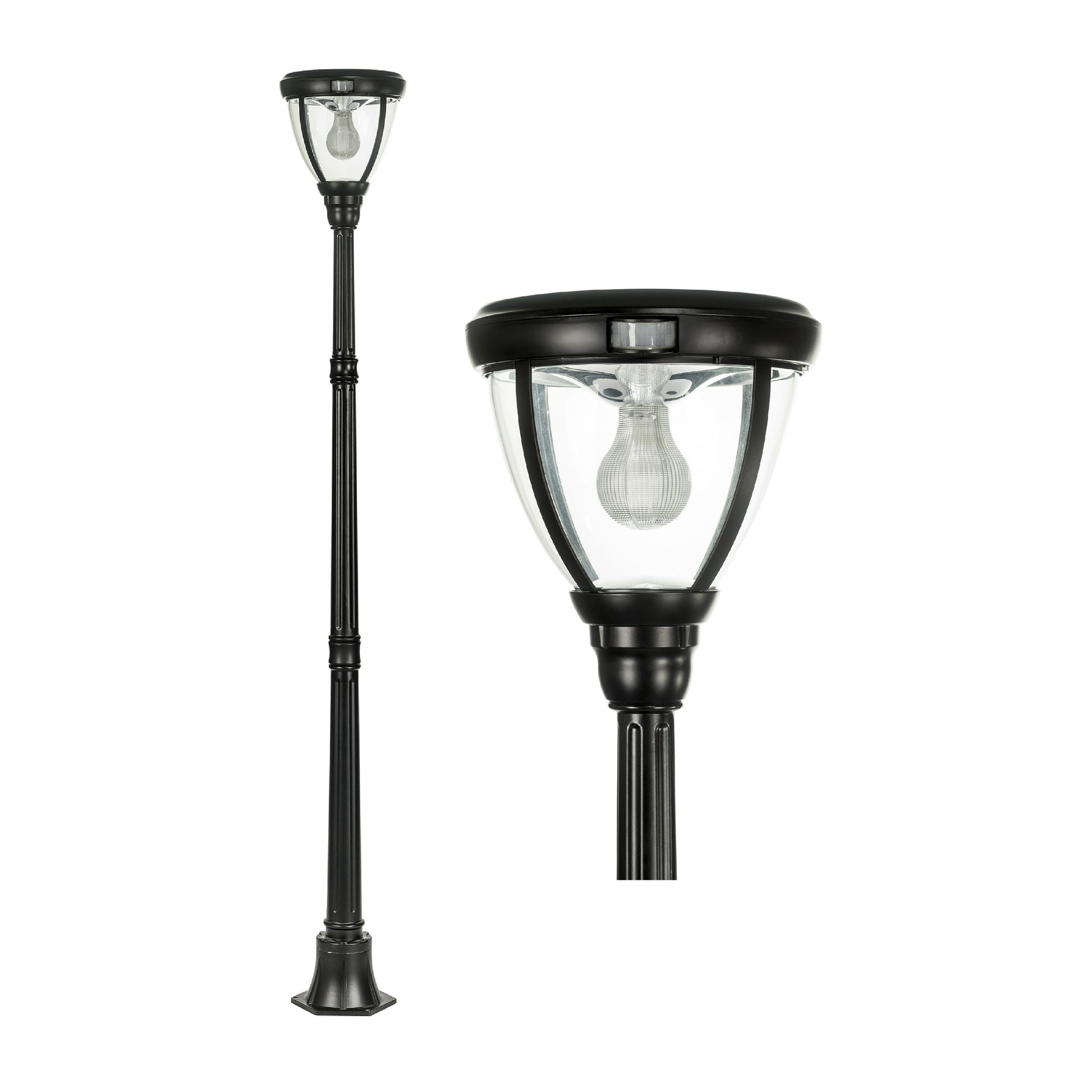 A traditional solar post light made of die cast aluminium powder coated black,with a built-in solar panel and a glass lampshade, designed for outdoor installation