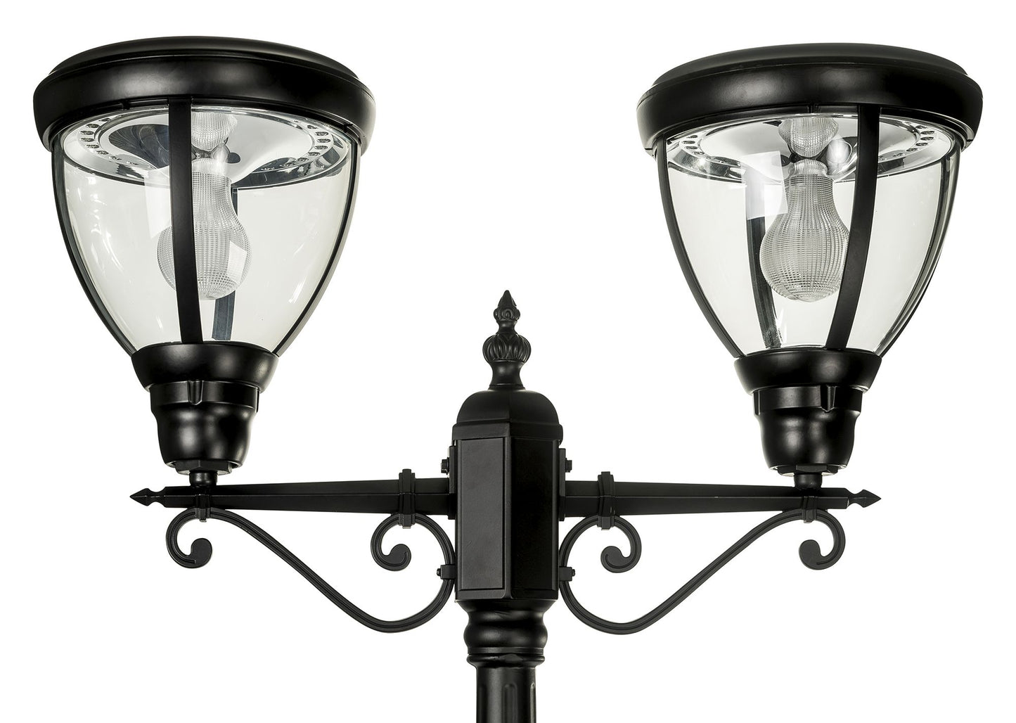 A traditional dual head solar post light made of die cast aluminium powder coated black,with a built-in solar panel and a glass lampshade, designed for outdoor installation
