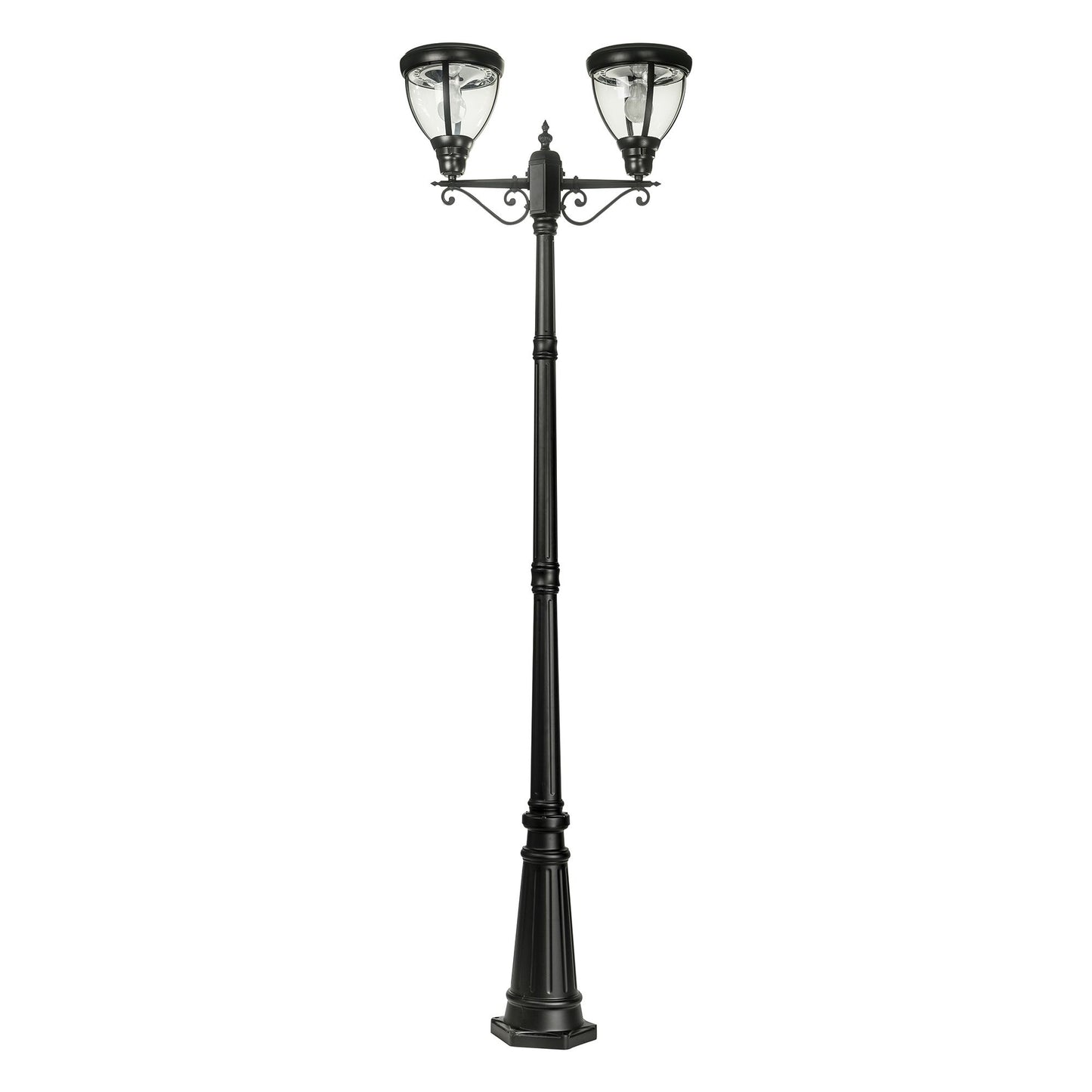 A traditional dual head solar post light made of die cast aluminium powder coated black,with a built-in solar panel and a glass lampshade, designed for outdoor installation