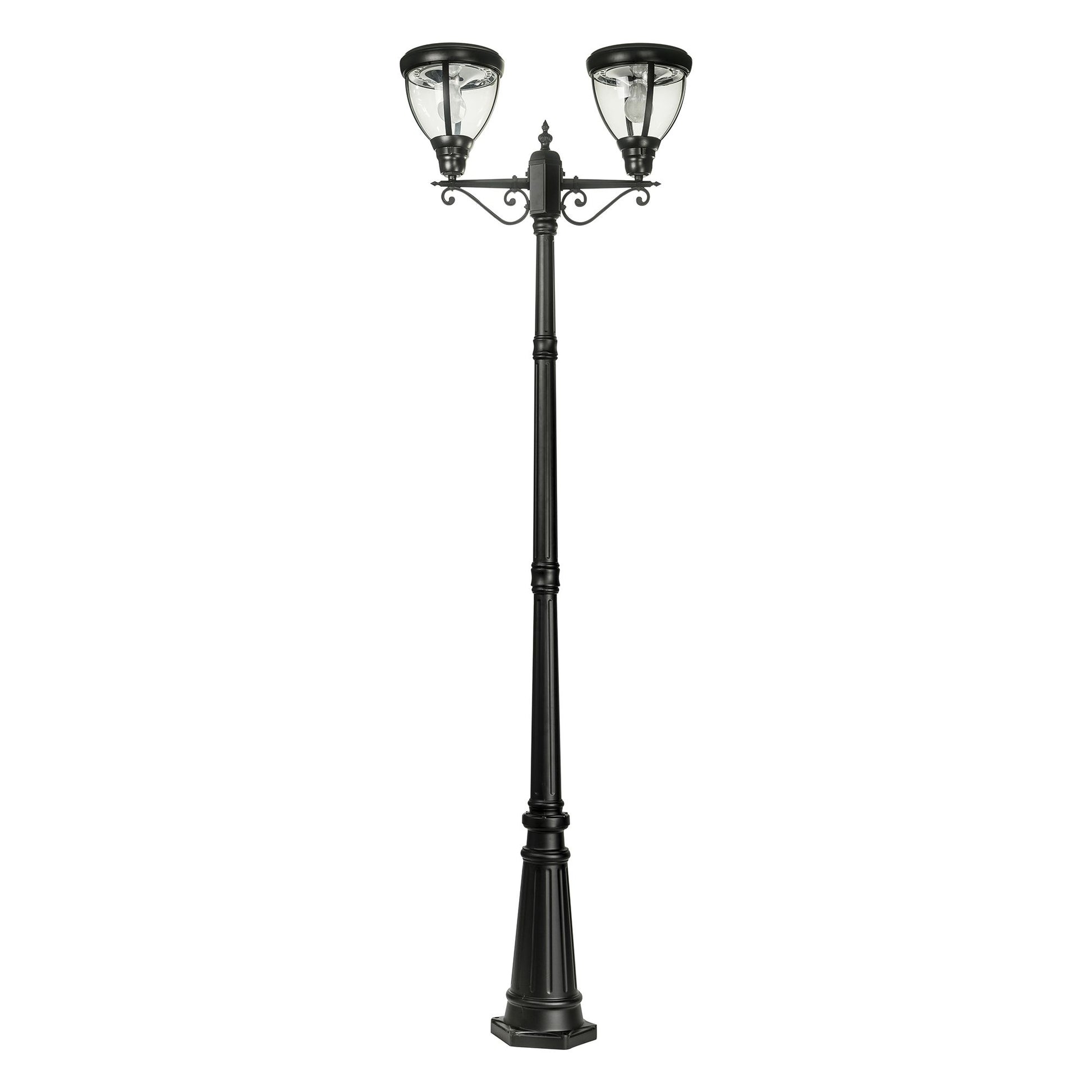 A traditional dual head solar post light made of die cast aluminium powder coated black,with a built-in solar panel and a glass lampshade, designed for outdoor installation