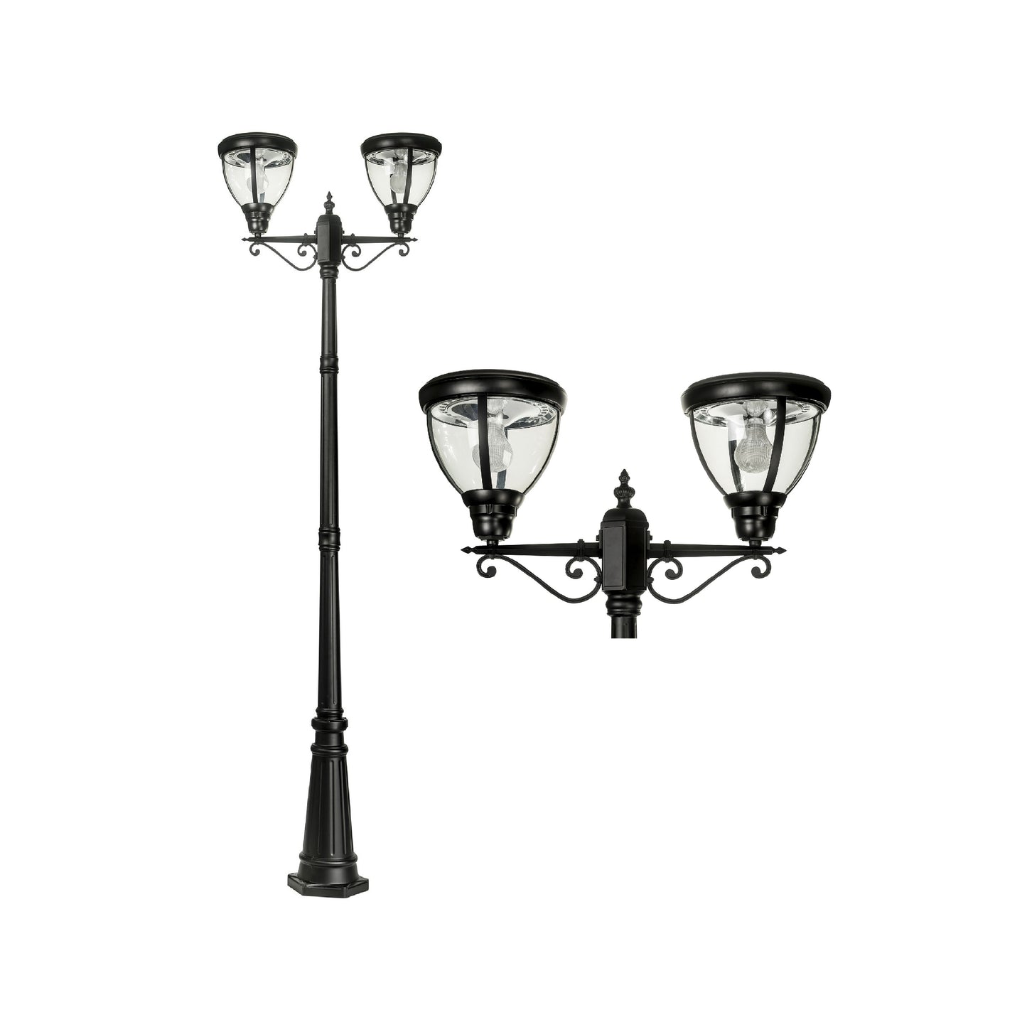 A traditional dual head solar post light made of die cast aluminium powder coated black,with a built-in solar panel and a glass lampshade, designed for outdoor installation