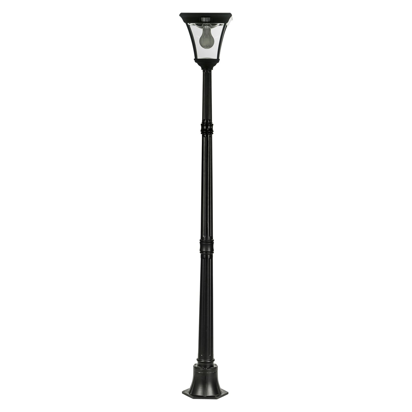 A traditional solar post light made of die cast aluminium powder coated black,with a built-in solar panel and a glass lampshade, designed for outdoor installation