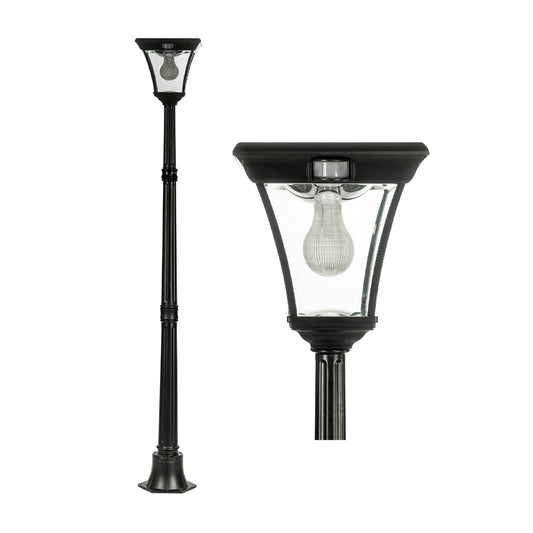 A traditional solar post light made of die cast aluminium powder coated black,with a built-in solar panel and a glass lampshade, designed for outdoor installation