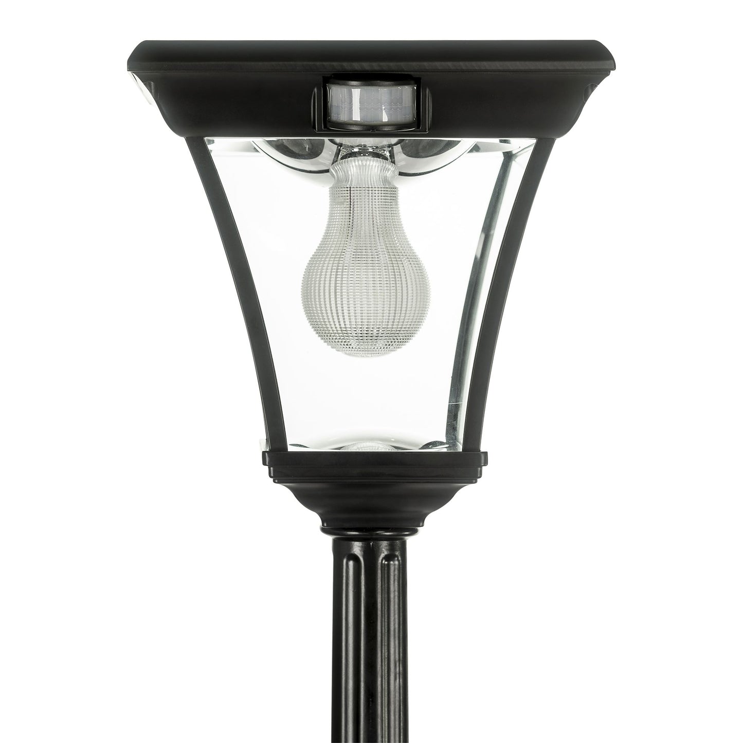 A traditional solar post light made of die cast aluminium powder coated black,with a built-in solar panel and a glass lampshade, designed for outdoor installation