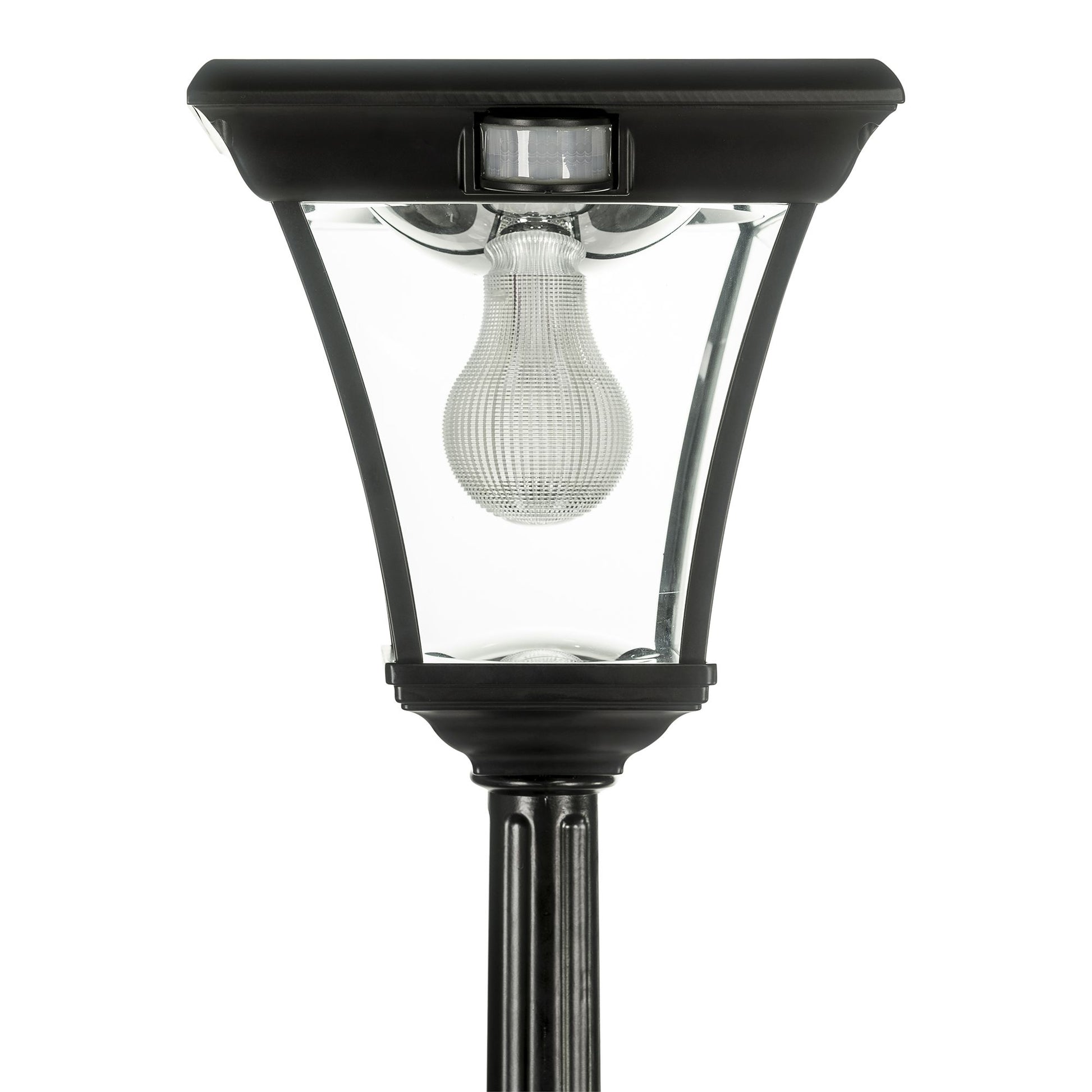 A traditional solar post light made of die cast aluminium powder coated black,with a built-in solar panel and a glass lampshade, designed for outdoor installation