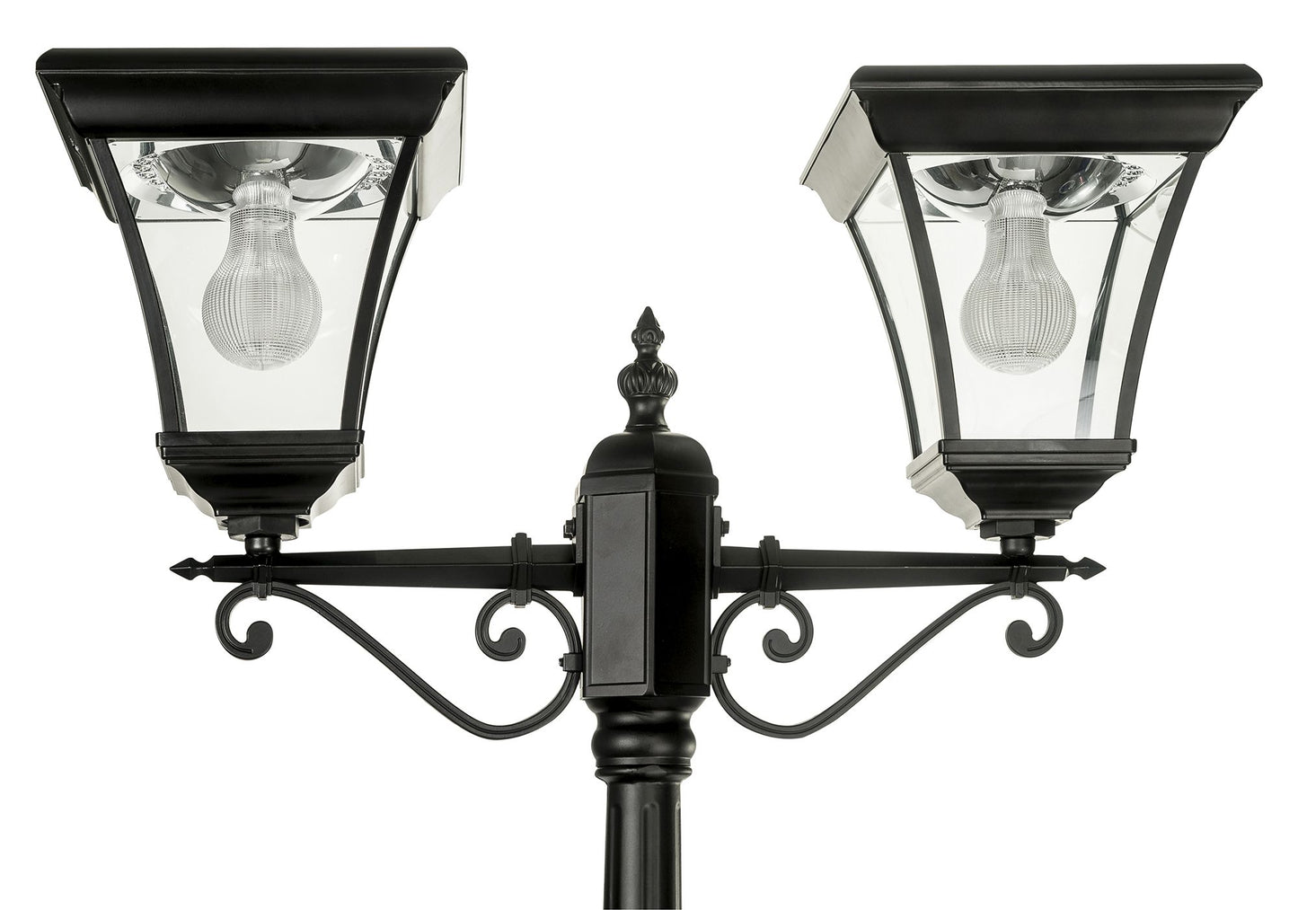 A traditional dual head solar post light made of die cast aluminium powder coated black,with a built-in solar panel and a glass lampshade, designed for outdoor installation