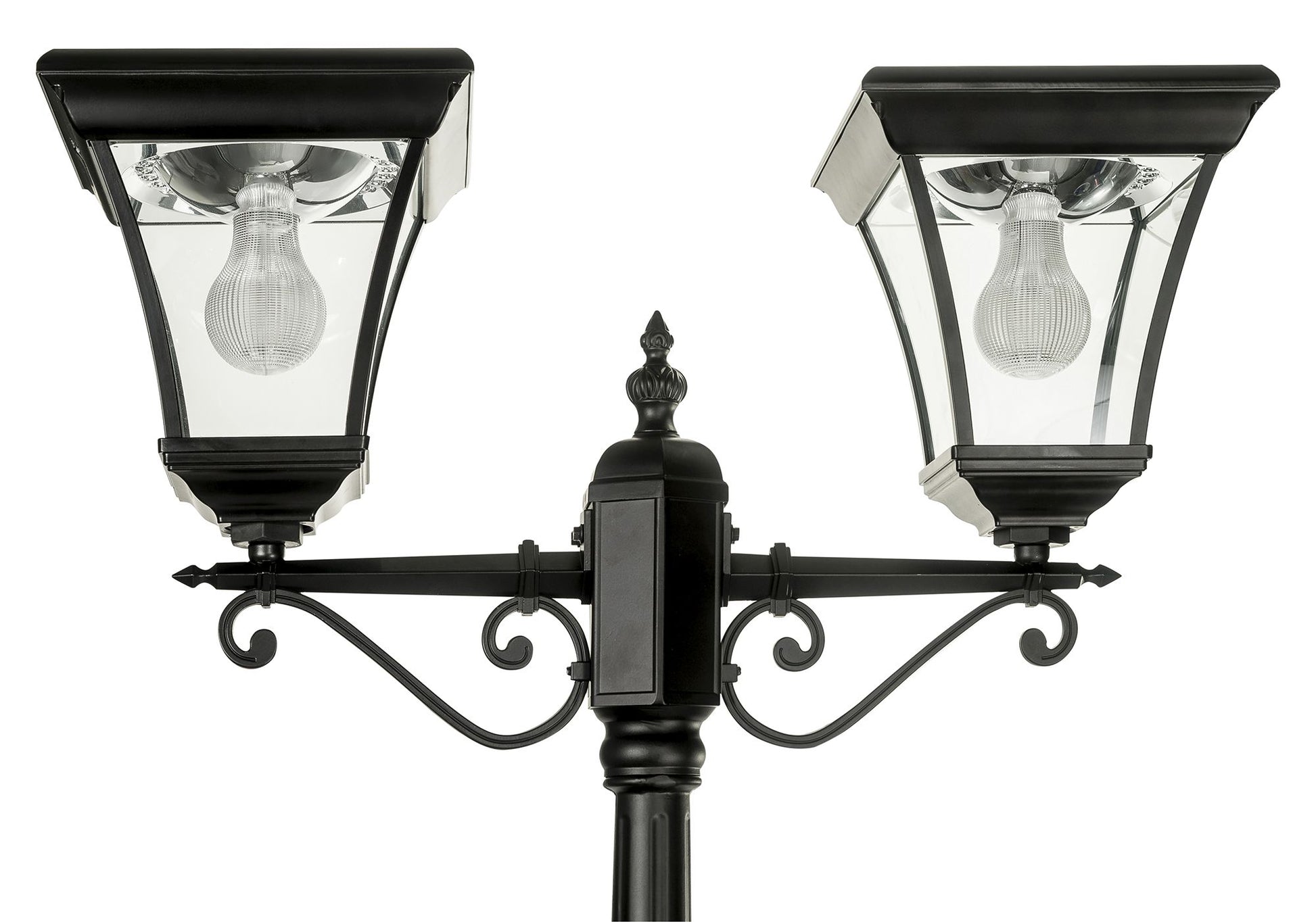A traditional dual head solar post light made of die cast aluminium powder coated black,with a built-in solar panel and a glass lampshade, designed for outdoor installation