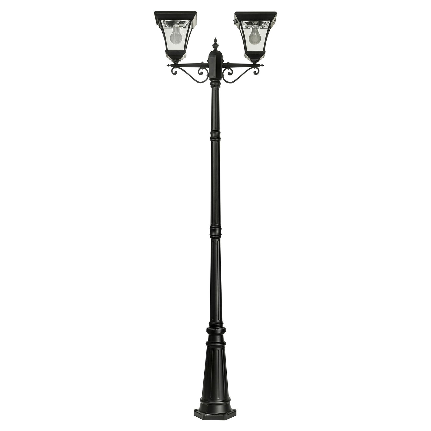 A traditional dual head solar post light made of die cast aluminium powder coated black,with a built-in solar panel and a glass lampshade, designed for outdoor installation