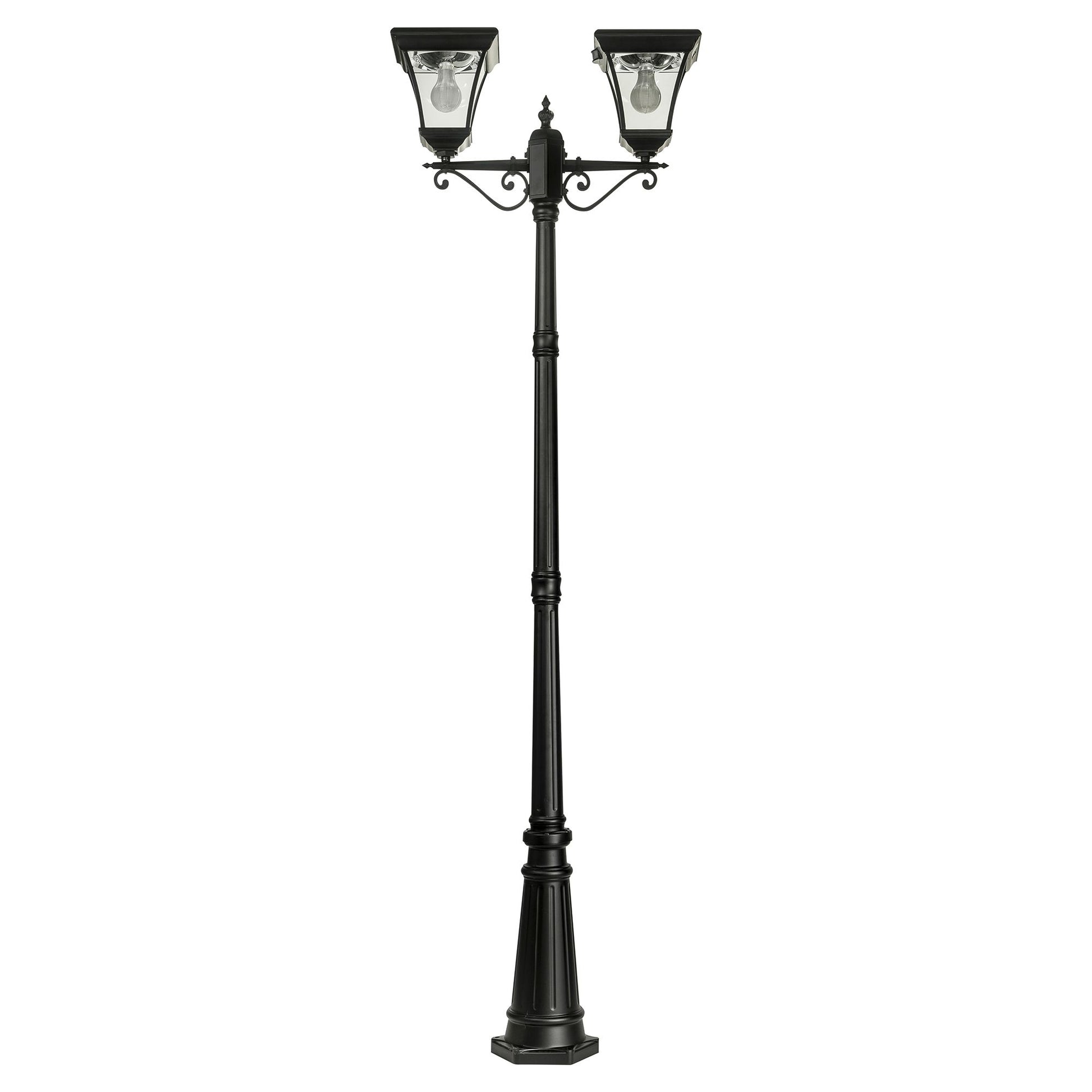 A traditional dual head solar post light made of die cast aluminium powder coated black,with a built-in solar panel and a glass lampshade, designed for outdoor installation