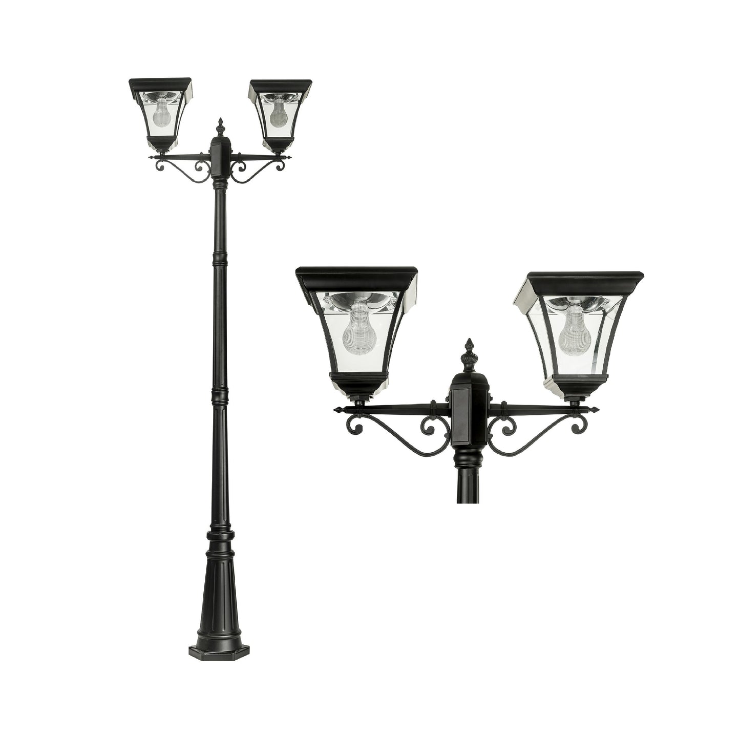 A traditional dual head solar post light made of die cast aluminium powder coated black,with a built-in solar panel and a glass lampshade, designed for outdoor installation