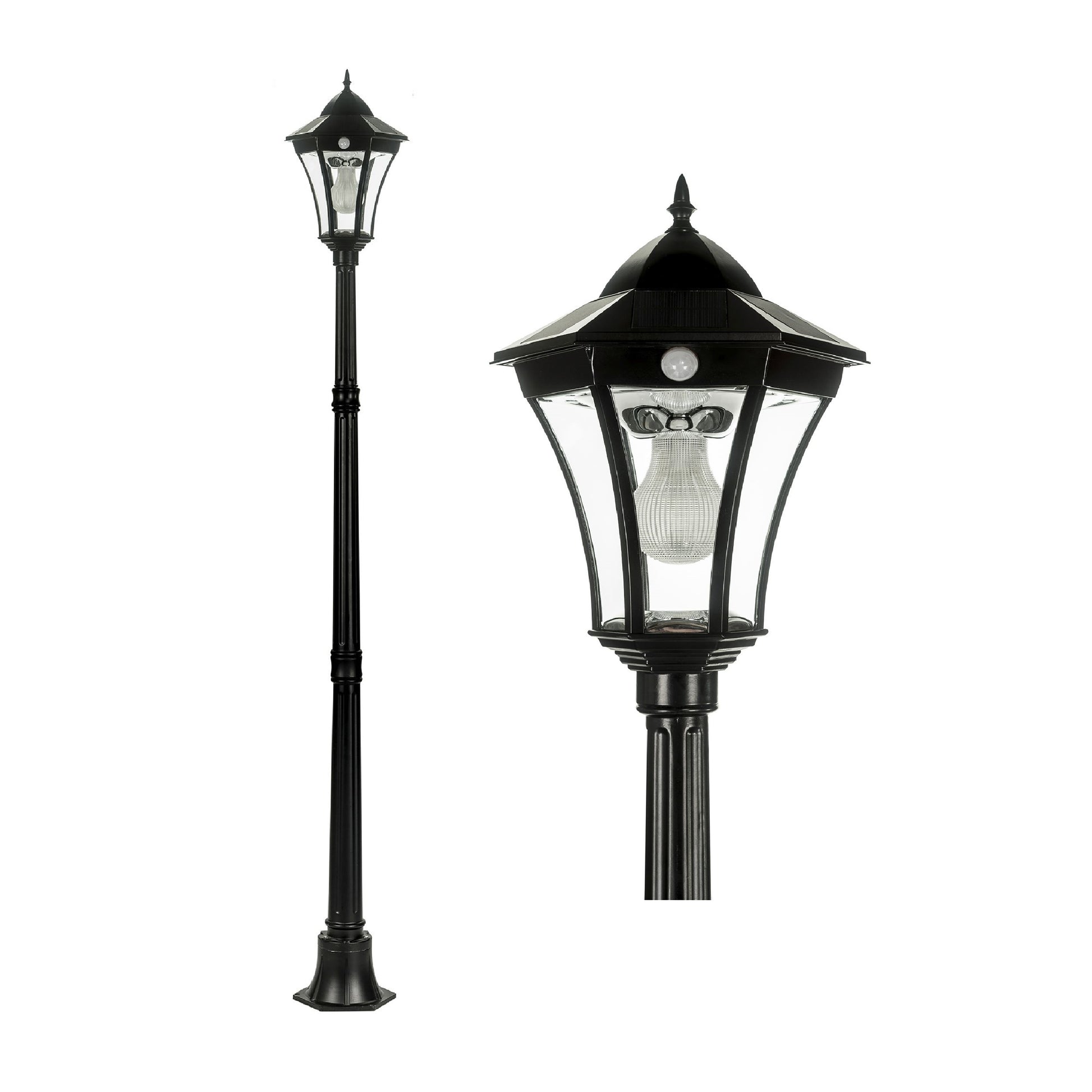 A traditional solar post light made of die cast aluminium powder coated black,with a built-in solar panel and a glass lampshade, designed for outdoor installation