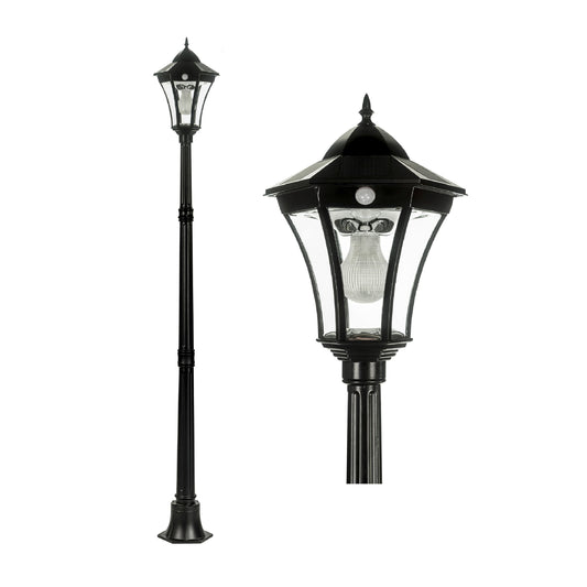 A traditional solar post light made of die cast aluminium powder coated black,with a built-in solar panel and a glass lampshade, designed for outdoor installation