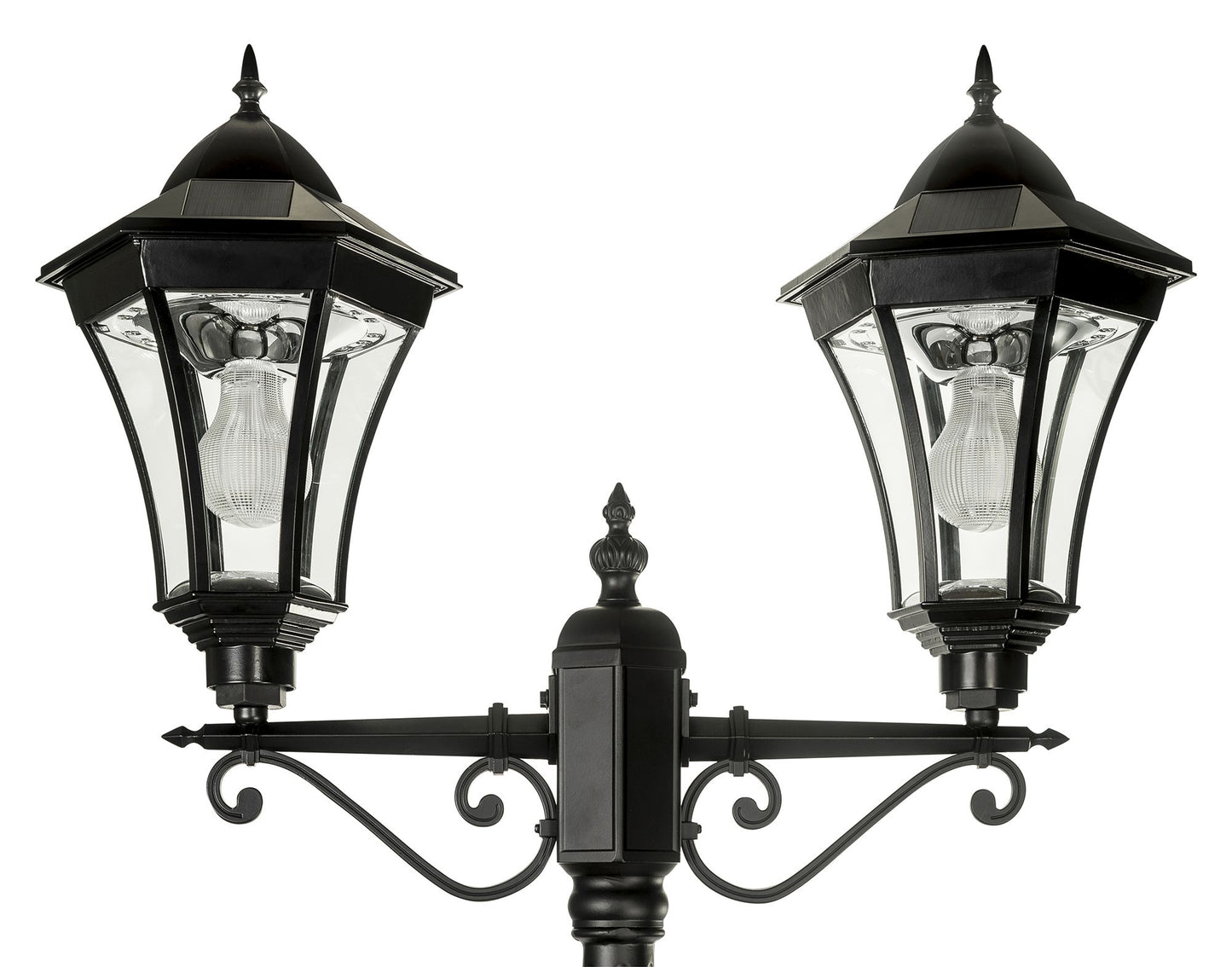 A traditional dual head solar post light made of die cast aluminium powder coated black,with a built-in solar panel and a glass lampshade, designed for outdoor installation