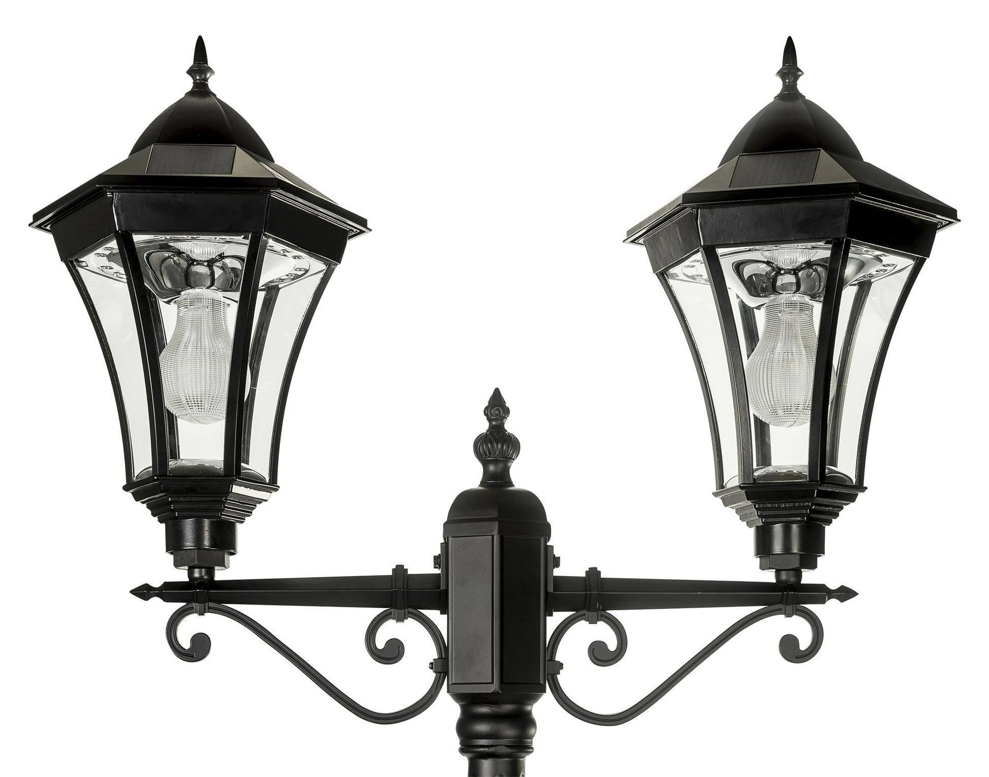 A traditional dual head solar post light made of die cast aluminium powder coated black,with a built-in solar panel and a glass lampshade, designed for outdoor installation
