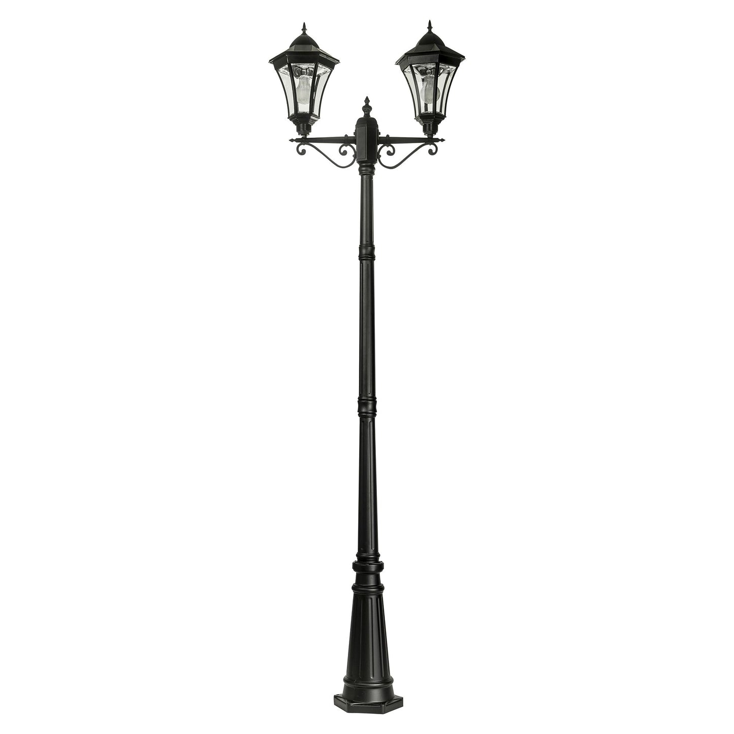 A traditional dual head solar post light made of die cast aluminium powder coated black,with a built-in solar panel and a glass lampshade, designed for outdoor installation